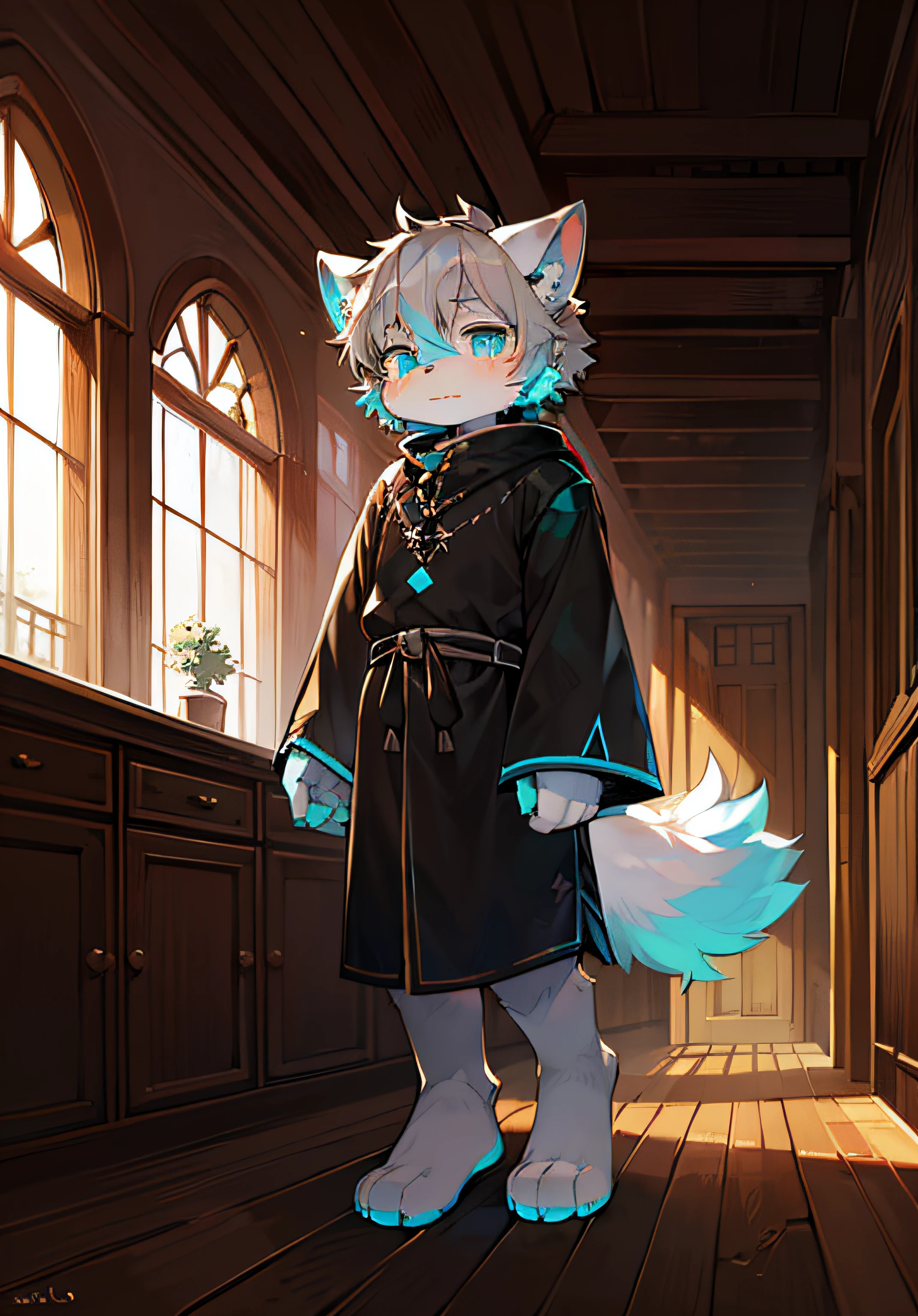 (ambiente dark:0.8),Masterpiece,High quality,abstract res,Digital painting\(artwork of a\), by Dagasi, Yupa,Kiyosan,(anthro,Fluffy fur,Character focus:1.1),anthro male cat,Short hair,Portrait , eyes with brightness, in a panoramic view, Character focus.(detailedbackground:0.7), 独奏, shaggy, shaggy male, malefocus, anthr,(Full Body Furry,, White fur, Cyan eyes, Gray hair:1.2), (Black tunic:1.2),(interiors、the night:1.1)( Fluffy tail)
