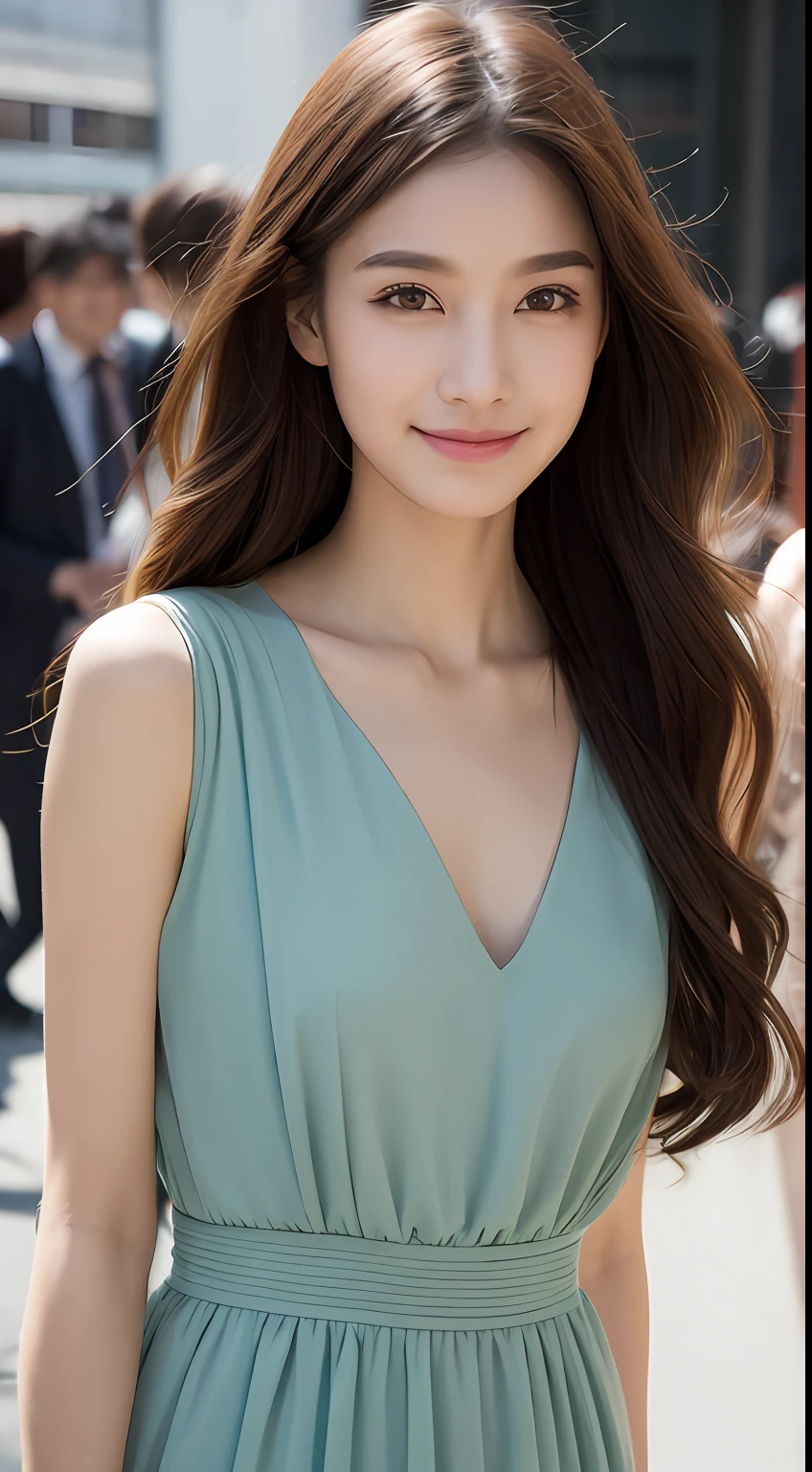 ((best qualtiy,8k,tmasterpiece:1.3)), 1girll, ssmile, full bodyesbian, Slim Faces, Beautiful woman, (dark brown hair), full length dress :1.1, Super detailed face, Detailed eyes, 二重まぶた, blur backgroun, Slim Faces, 城市, do lado de fora, the street,The arm was written with the word Ah Yuan