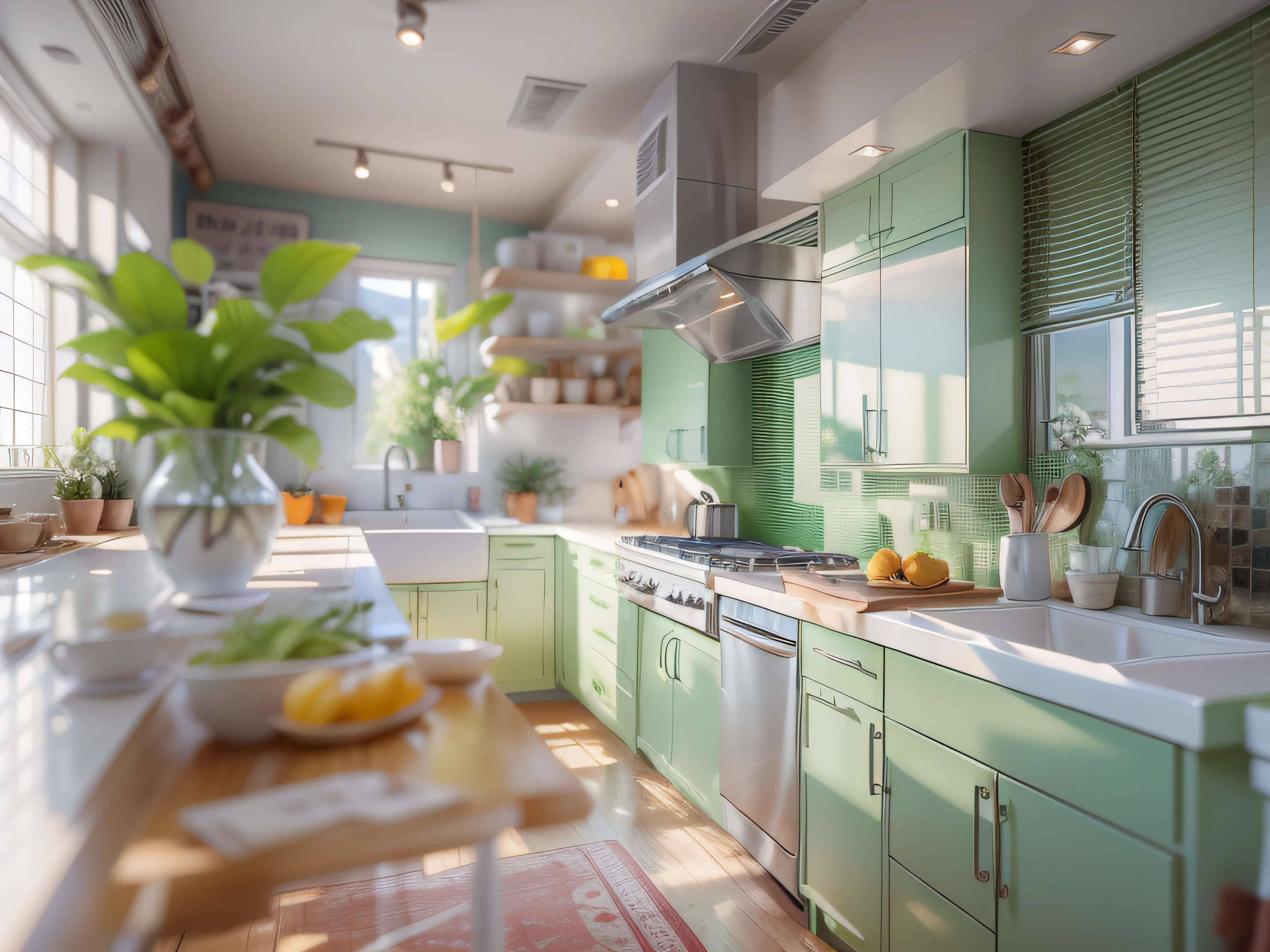 High-detail RAW color photography, Modern kitchen in avant-garde style, (higly detailed, hyper-detailing, Entanglement), (lens glare: 0,7), (bloom: 0,7), particle fx, ray traced, 电影灯光, Shallow depth of field, photographed with Sony a9 II, sharp-focus