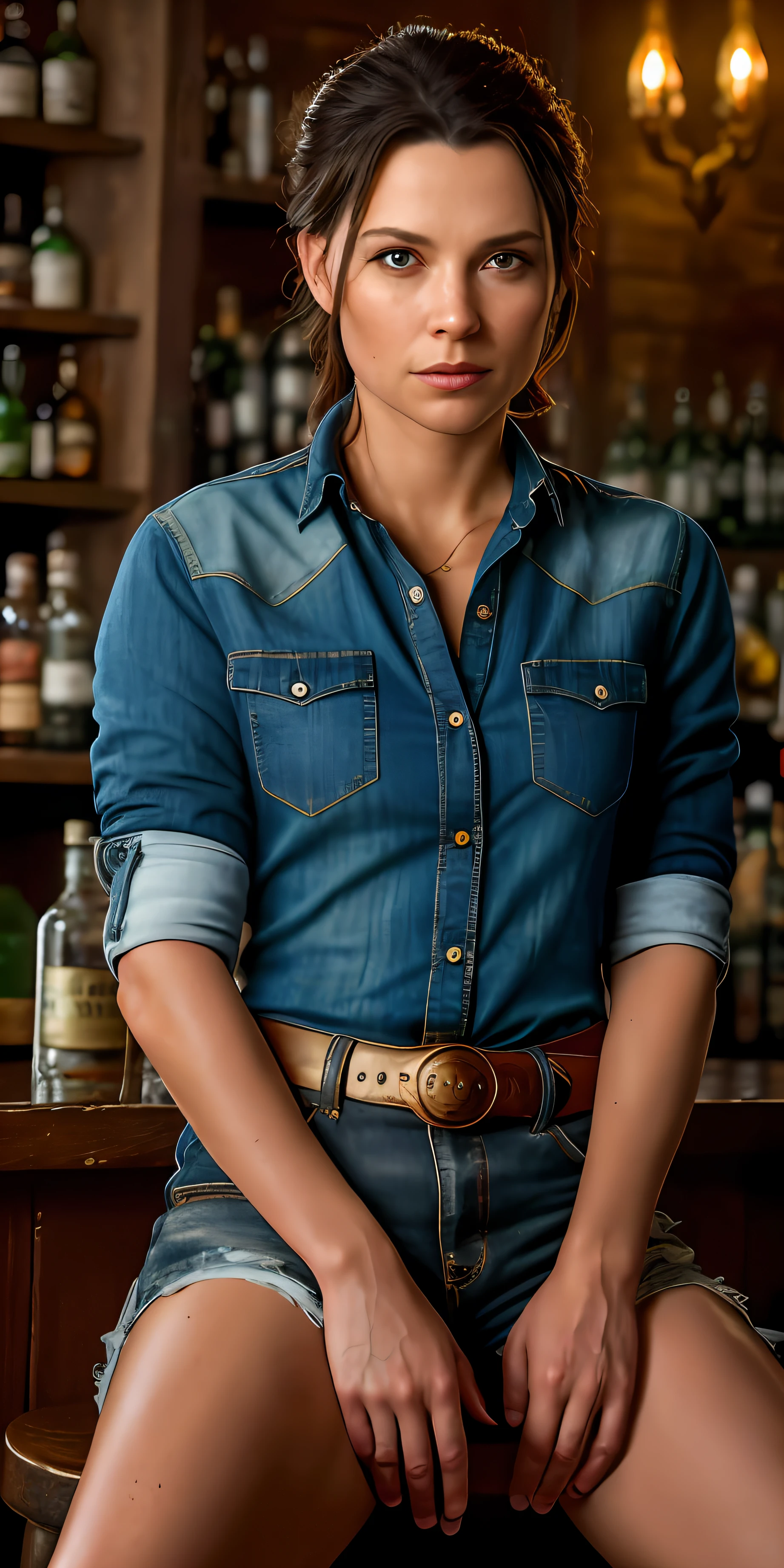 Linda (ErinNobodySD15) western RPG character brunette hair combed up button-down shirt in a canteen bar sitting bottles of tequila liquor, Lighting-Gold (dark and gloomy environment: 1.2) (masterpiece: 1.2) (photorealistic: 1.2) (bokeh) (best quality) (detailed skin:1.2) (intricate details) (Clutter-Home) (8k) (HDR) (cinematic lighting) (sharp focus)