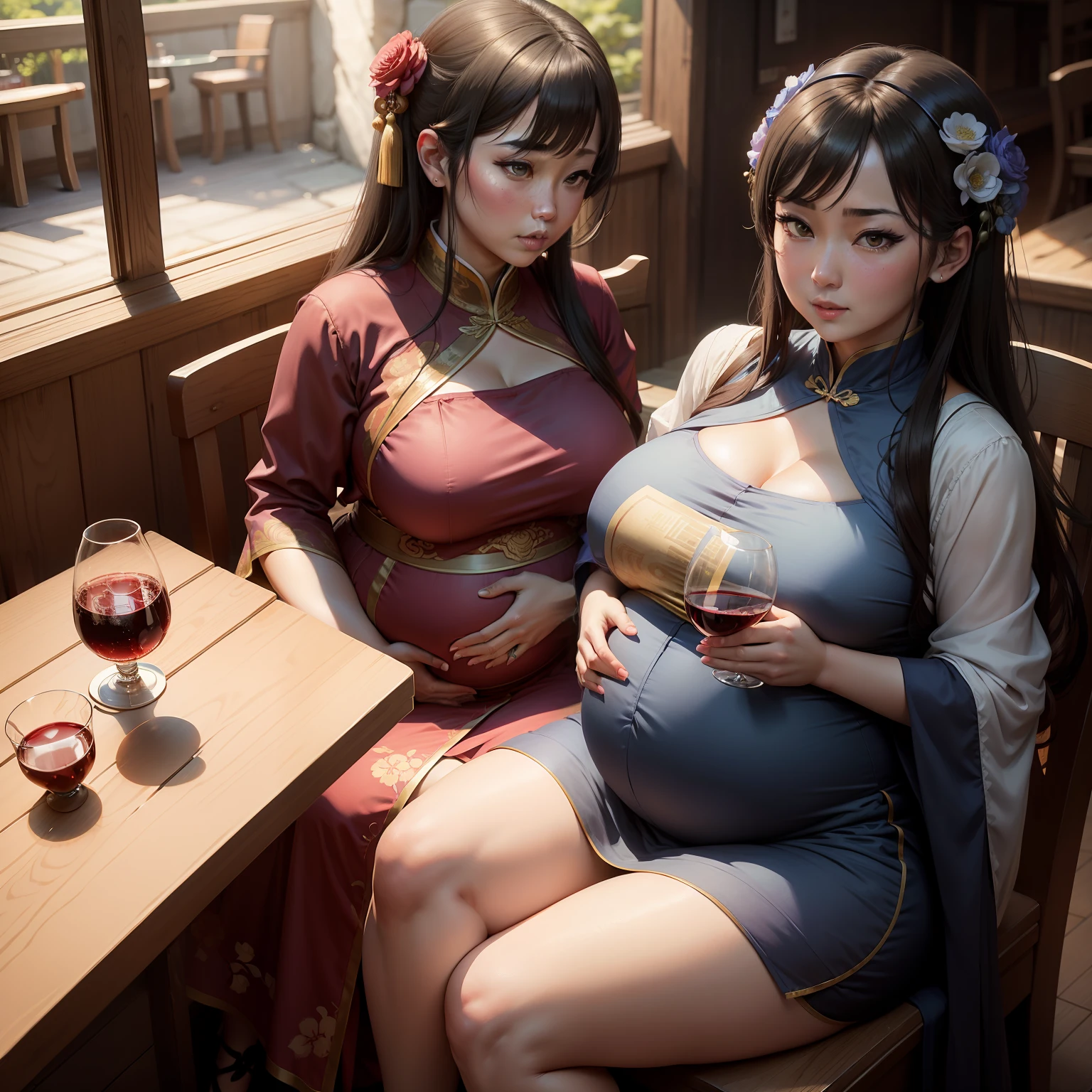 Pregnant women in oriental costume sit at a table drinking a glass of wine, Pregnant belly, full-body xianxia, in a blue qipao, pregnant, author:Shitao, Detailed fanart, she has a jiggly fat round belly, her belly is fat and round, Marin Kitagawa fanart, from girls frontline, Palace , A girl in Hanfu