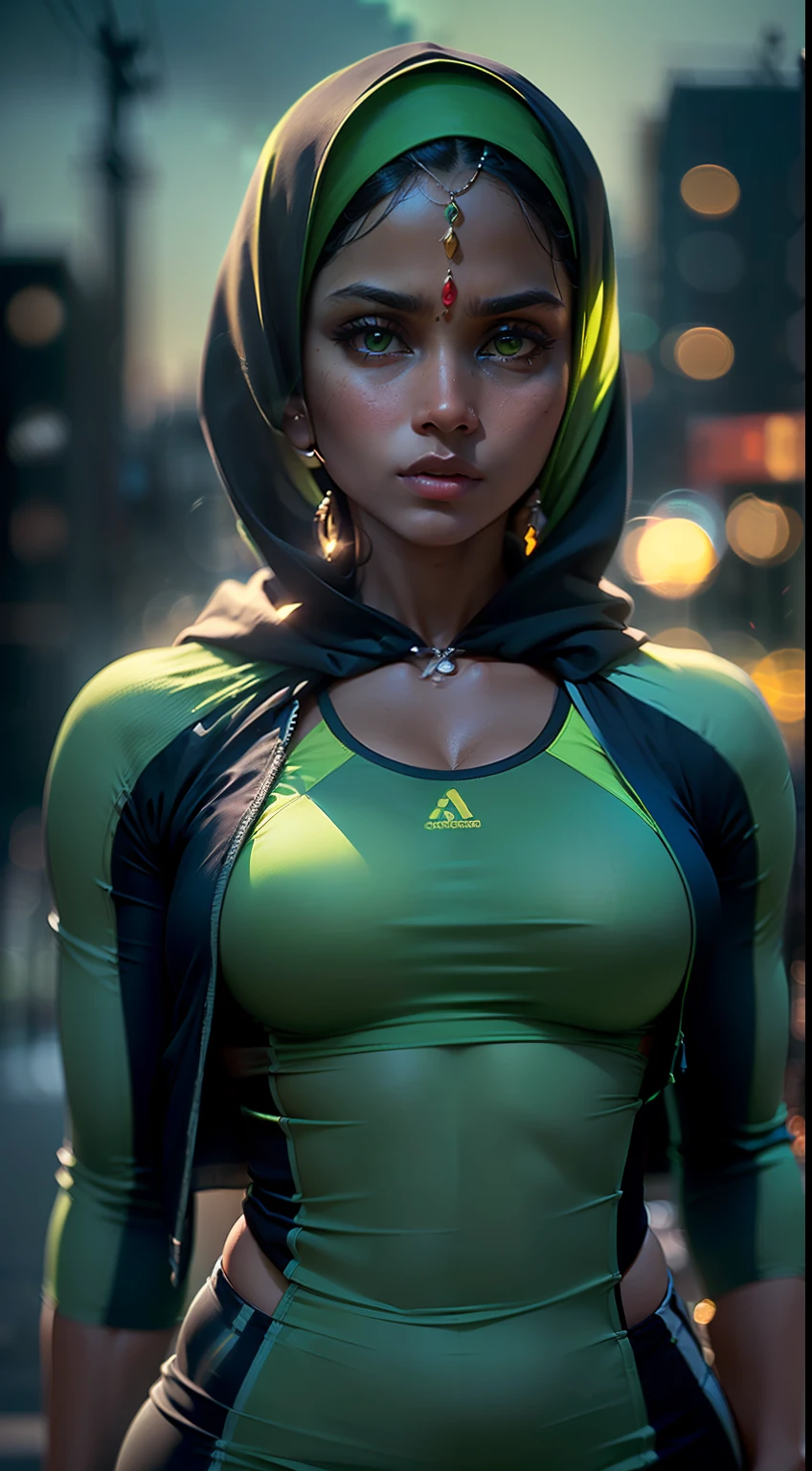 (
(Character: one Indian woman)
(Clothing: black workout chothes, green hijab),(sfw:1.3)
(Pose: full body shot:1.7, dynamic pose)
(blurry, intense urban lights in background, green color scheme:1.3)
(Style: ((masterpiece:1.5)), (face detailed), photo-realistic:1.3, hyperrealistic, film grain, realistic lighting)
)