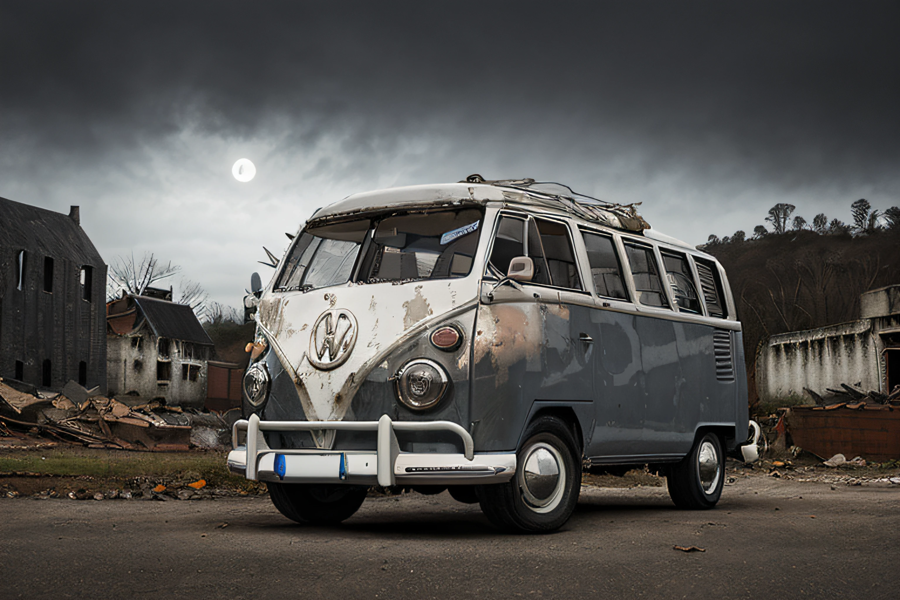 analog gloomy photo of an (orange) volkswagen kombi,  ((haunted house:1.0)), (walking dead:1.0), zombie apocalypse, (abandoned town at (midnight)), (full moon), (winter), (snow), ((horror movie)), ((nighttime)), lost in the wood, ruins, dilapidated buildings, High Detail, Sharp focus, (photorealism), realistic, best quality, 8k, award winning, dramatic lighting, epic, cinematic, masterpiece, rim light, ambient fog:1.5, dutch angle,