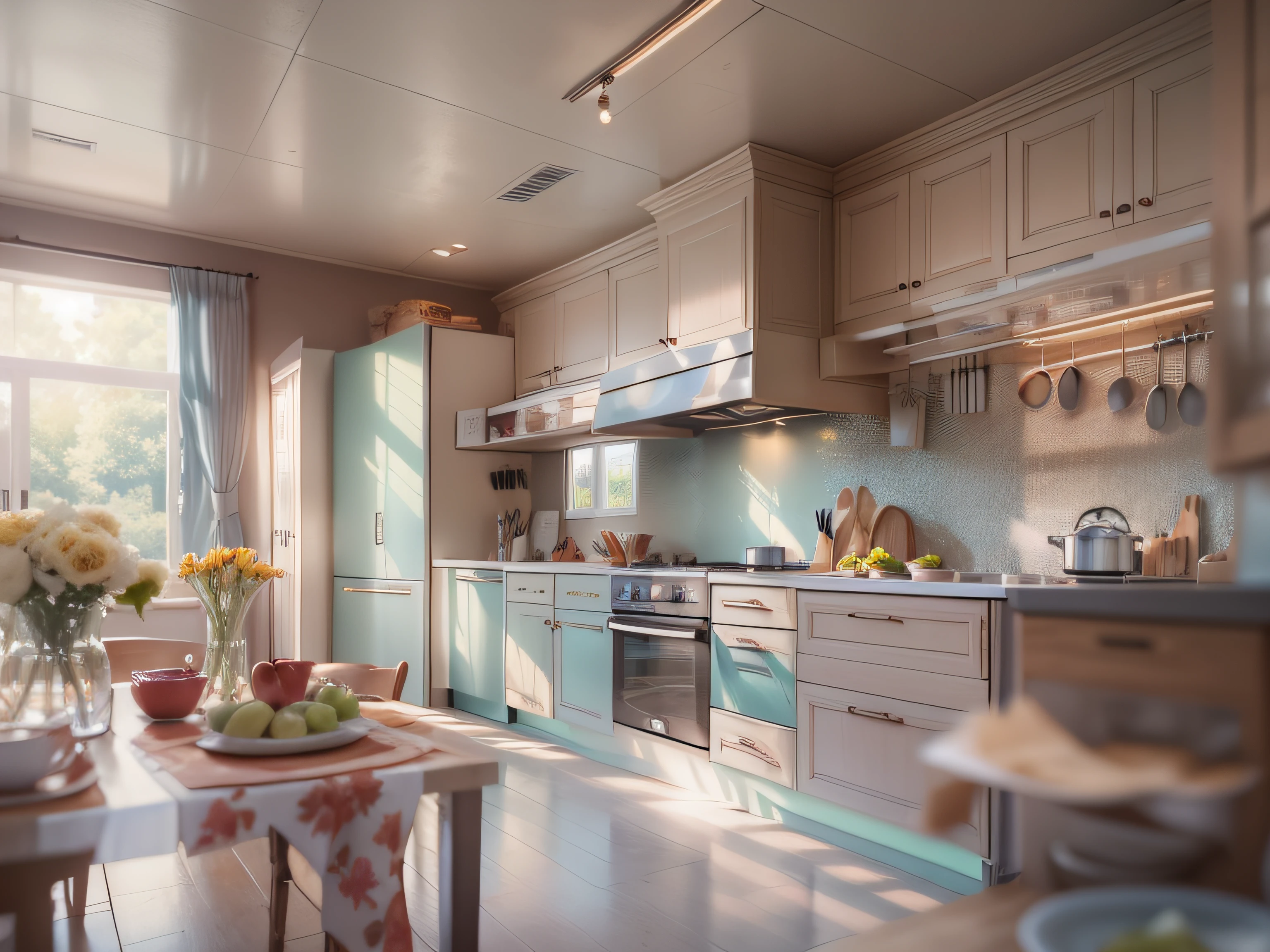 High-detail RAW color photography, Modern kitchen in avant-garde style, (higly detailed, hyper-detailing, Entanglement), (lens glare: 0,7), (bloom: 0,7), particle fx, ray traced, 电影灯光, Shallow depth of field, photographed with Sony a9 II, sharp-focus