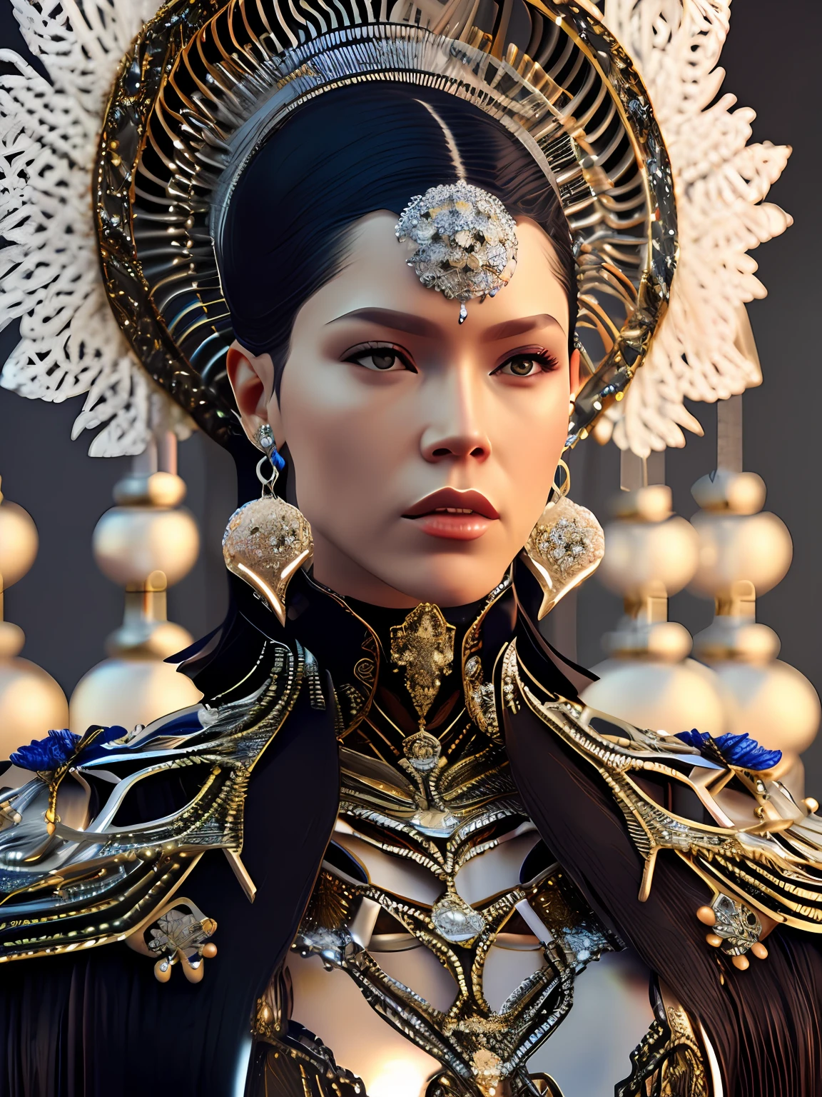 Complex 3 d render of a beautiful fascinating biomechanical female cyborg with a porcelain face, analog, beautiful natural light, rim light, 1 5 0 mm lens, aztec warrior, feathers, piercing, aztec tattoos, white blossoms, vanilla leaves and stems, sinuous roots, white blossoms, fine foliage lace, steampunk, silver gold filigree details, alexander mcqueen high fashion haute couture, pearl earring, art nouveau fashion embroidered, hexagonal mesh wire, mandelbrot fractal, facial muscles, cable wires, microchip, elegant, beautiful natural light, studio lights, rim light, highly detailed, hyperrealistic, sharp, octane render, h. r. giger style, volumetric lighting, 8 k post production