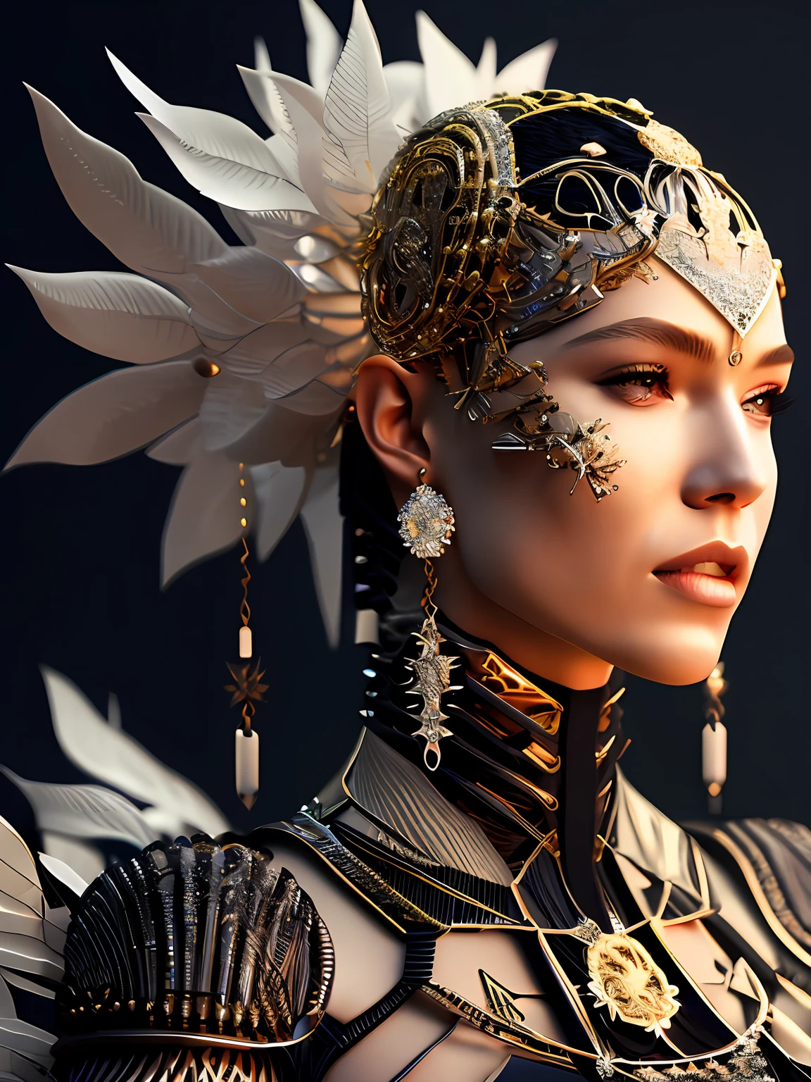 Complex 3 d render of a beautiful fascinating biomechanical female cyborg with a porcelain face, analog, beautiful natural light, rim light, 1 5 0 mm lens, aztec warrior, feathers, piercing, aztec tattoos, white blossoms, vanilla leaves and stems, sinuous roots, white blossoms, fine foliage lace, steampunk, silver gold filigree details, alexander mcqueen high fashion haute couture, pearl earring, art nouveau fashion embroidered, hexagonal mesh wire, mandelbrot fractal, facial muscles, cable wires, microchip, elegant, beautiful natural light, studio lights, rim light, highly detailed, hyperrealistic, sharp, octane render, h. r. giger style, volumetric lighting, 8 k post production