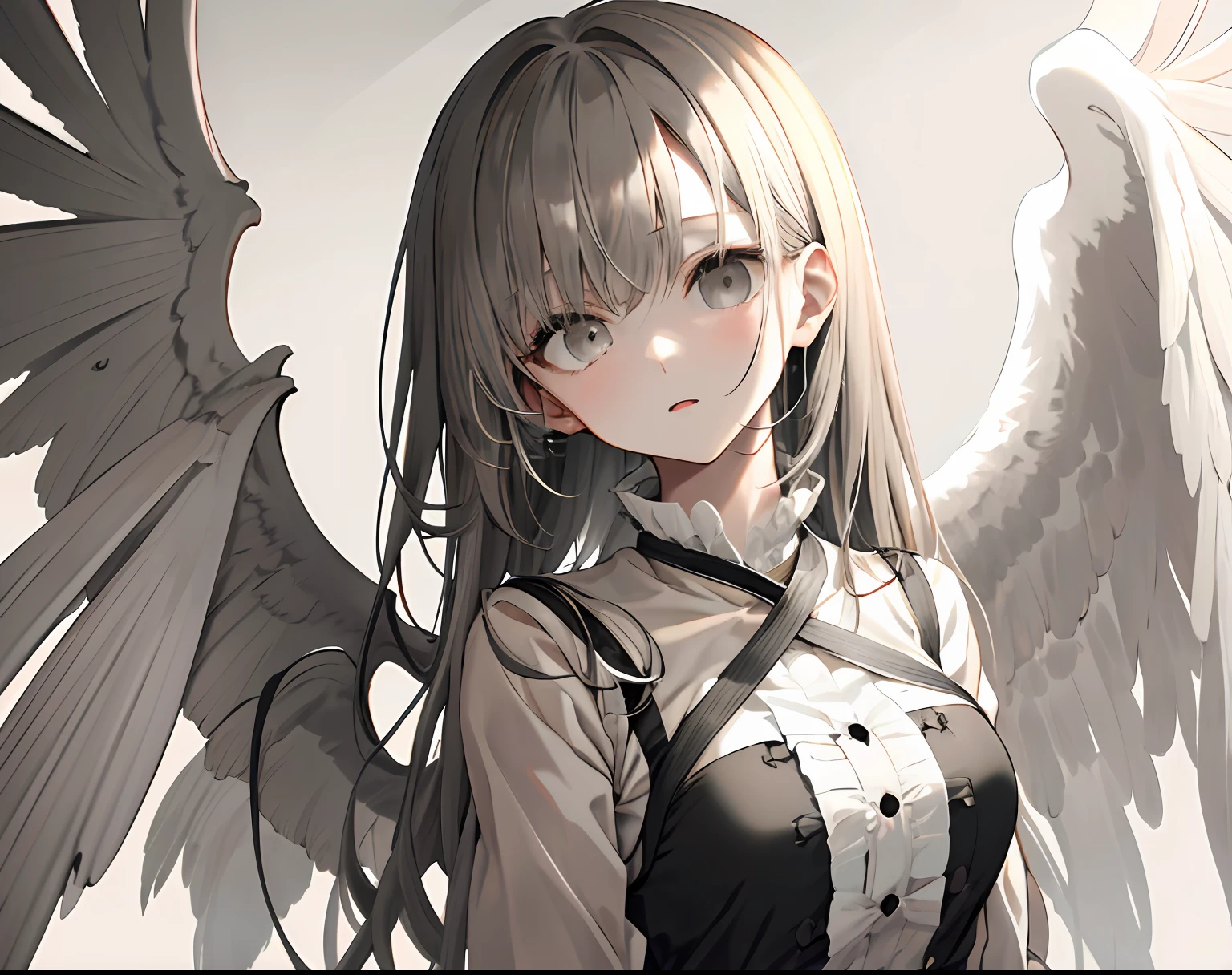 【Highest Quality, masutepiece】 [girl, Manteau, expressioness, Black eyes, front facing, Black hair, Walking, Upper body] (Gray white background:1.7), engel wings