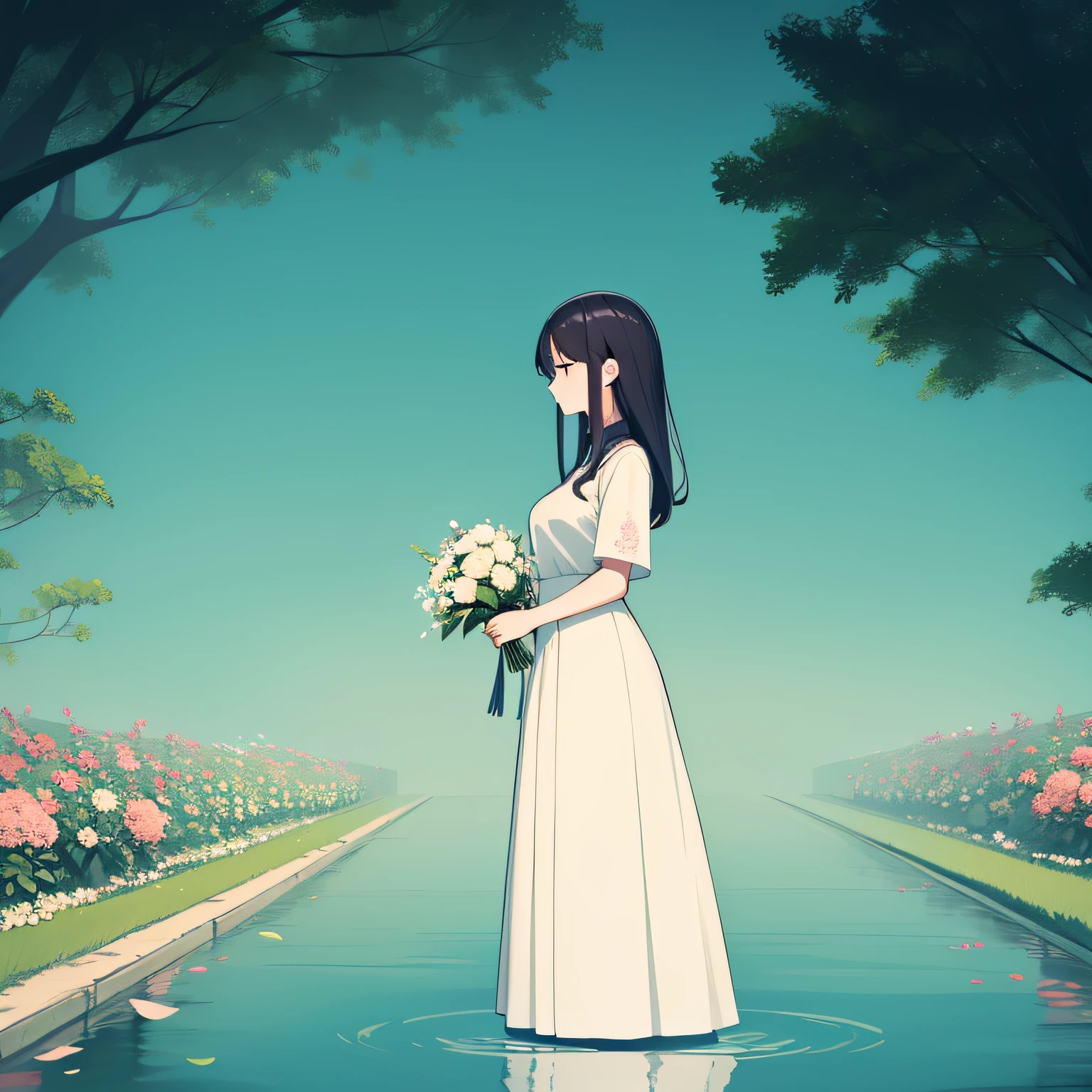(a gentle and serene Chinese girl: 1.5), with a calm and peaceful expression, (1.3) wearing a simple white blouse and a long skirt, (1.2) holding a ***nch of flowers in her hand, (1.1) standing in front of a tranquil garden with blooming flowers and a serene pond, surrounded by a peaceful and idyllic landscape.