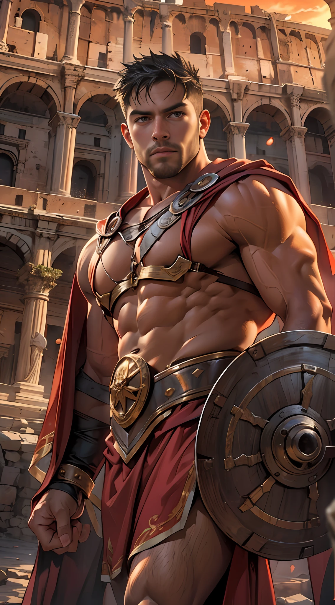 Powerful gladiator, Chest uncovered, Lower body from thighs to feet, Cascading long curls, Detailed muscle physique, Lifelike depiction, 4K 分辨率. Background: Colosseum in spectacular sunsets,32k ULTRAHD, Best quality, Masterpiece, Super detail, High details