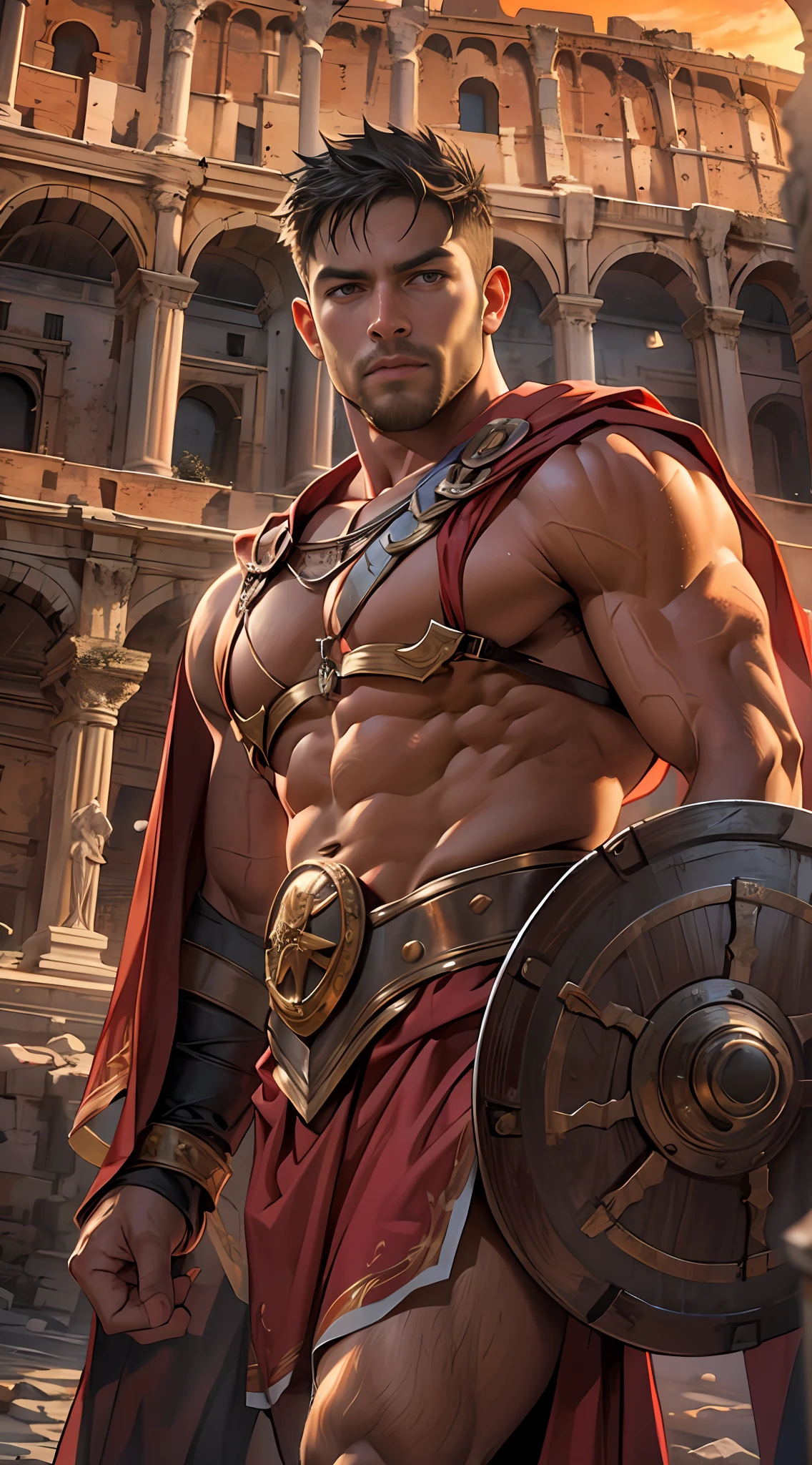 Powerful gladiator, Chest uncovered, Lower body from thighs to feet, Cascading long curls, Detailed muscle physique, Lifelike depiction, 4K 分辨率. Background: Colosseum in spectacular sunsets,32k ULTRAHD, Best quality, Masterpiece, Super detail, High details
