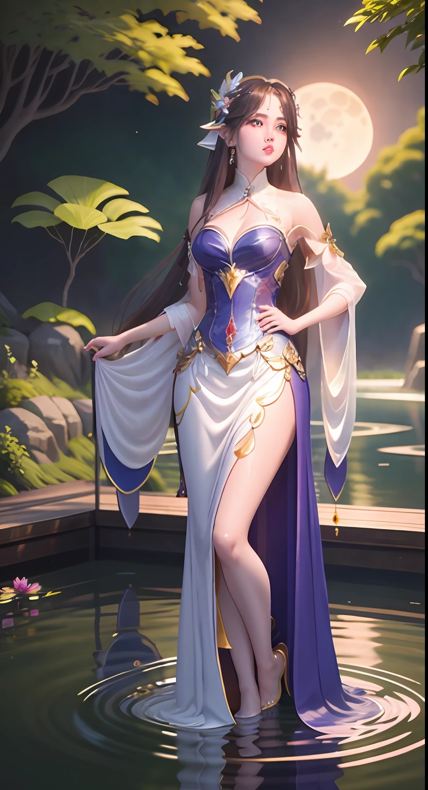 On a moonlit night，Secluded pond，A goddess in period costume stands barefoot in the pool，Her figure looks particularly charming against the moonlight。Her face is beautiful，Like a fairy under the moon，The eyebrows reveal serenity and elegance。

She wore a long white tulle dress as thin as the wings of a cicada，The skirt swings gently with the wind，It's like a fairy under the ordinary。the moonlight was shining on her body，Creates a soft glow，Make her look like a moon elf。Her long hair is like a waterfall，Naturally draped over the shoulders，Exudes elegance。

Her bare feet touched the pool，Ripples in circles，It's like dot ink in an ink painting。Her toes are slender and slender，Looks whiter in moonlight。Her every move is so elegant，As if stepping on the rhythm of poetry。

By the pond，The lotus leaf swayed，Frog sound，It forms a wonderful picture。The goddess stands in the pool water，It was as if blended into this peaceful night，One with nature。Her gaze was serene and clear，As if gazing at a distant starry sky，Discover the mysteries of life。

On this wonderful evening，This goddess in costume is like a fairy in the moonlight，Her beauty and serenity are mesmerizing。Her every move is like poetry，It's fascinating。In this poetic world，She became a timeless legend，It speaks of the beauty and serenity of life。Full body photo，Jade foot，