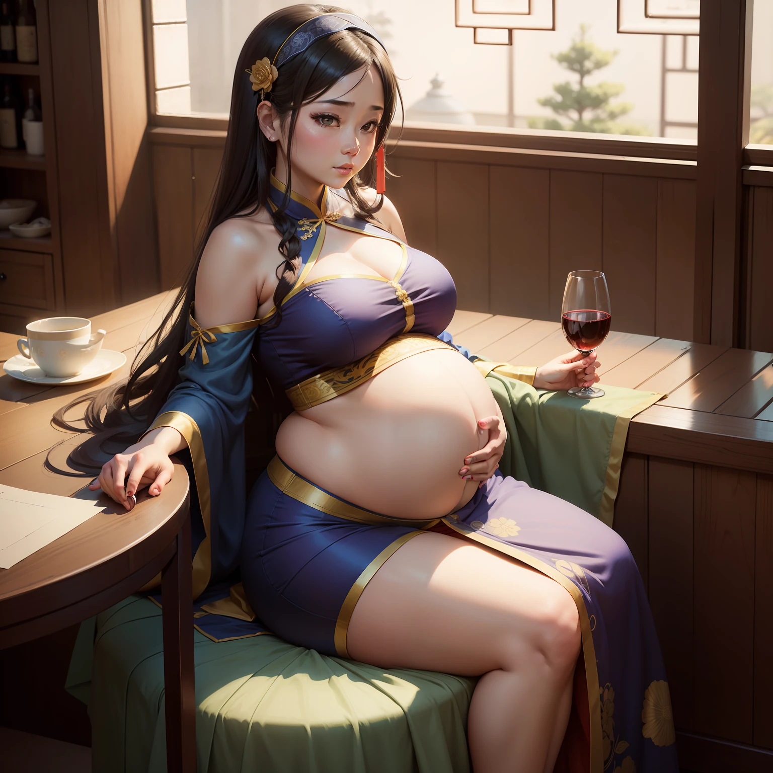 Pregnant women in oriental costume sit at a table drinking a glass of wine, Pregnant belly, full-body xianxia, in a blue qipao, pregnant, author:Shitao, Detailed fanart, she has a jiggly fat round belly, her belly is fat and round, Marin Kitagawa fanart, from girls frontline, Palace , A girl in Hanfu