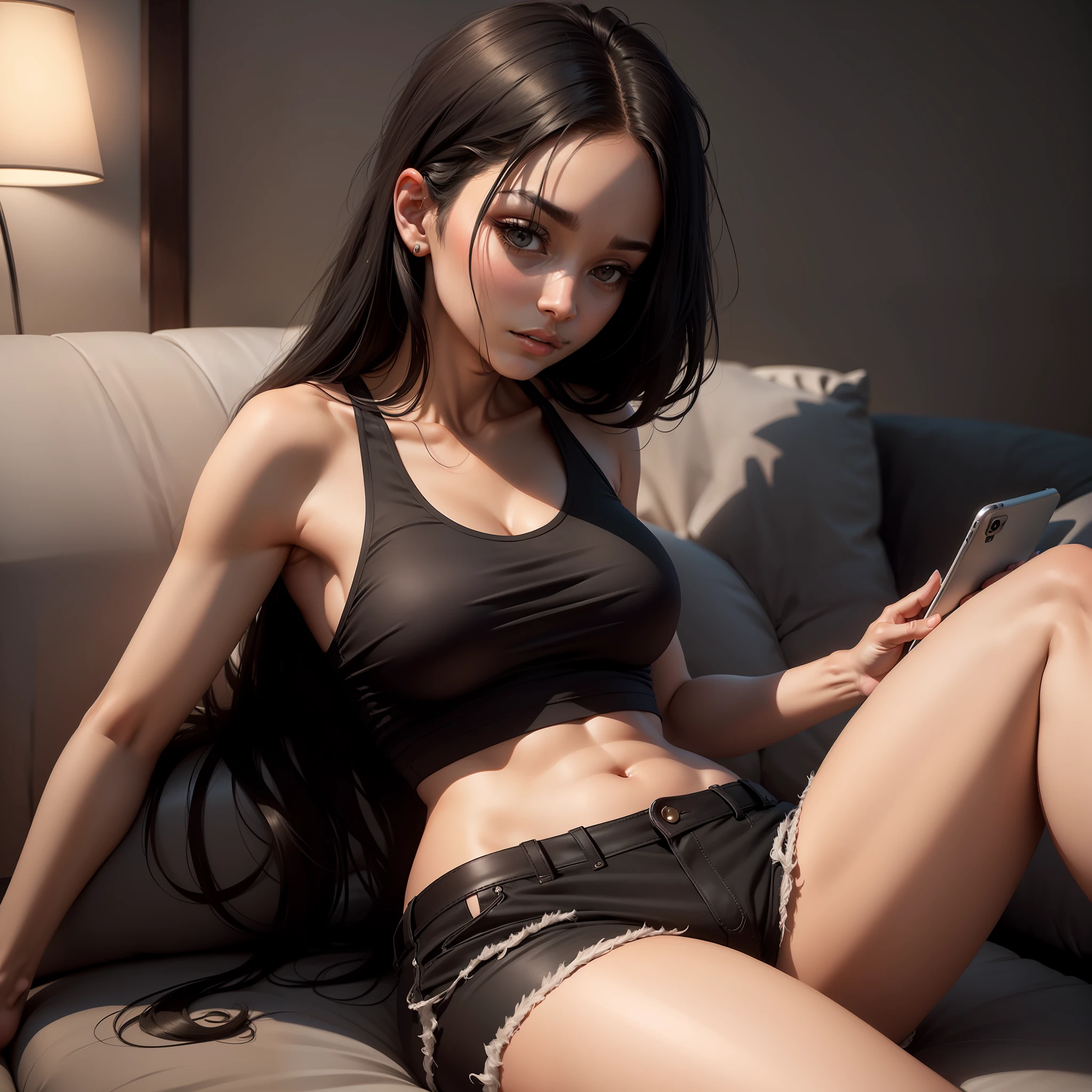 One coiled hair,A woman looking at her phone on her stomach,38yr,tall nose bridge,Black hair lying on gray sofa,wearing a black top,Bare back,brown shorts