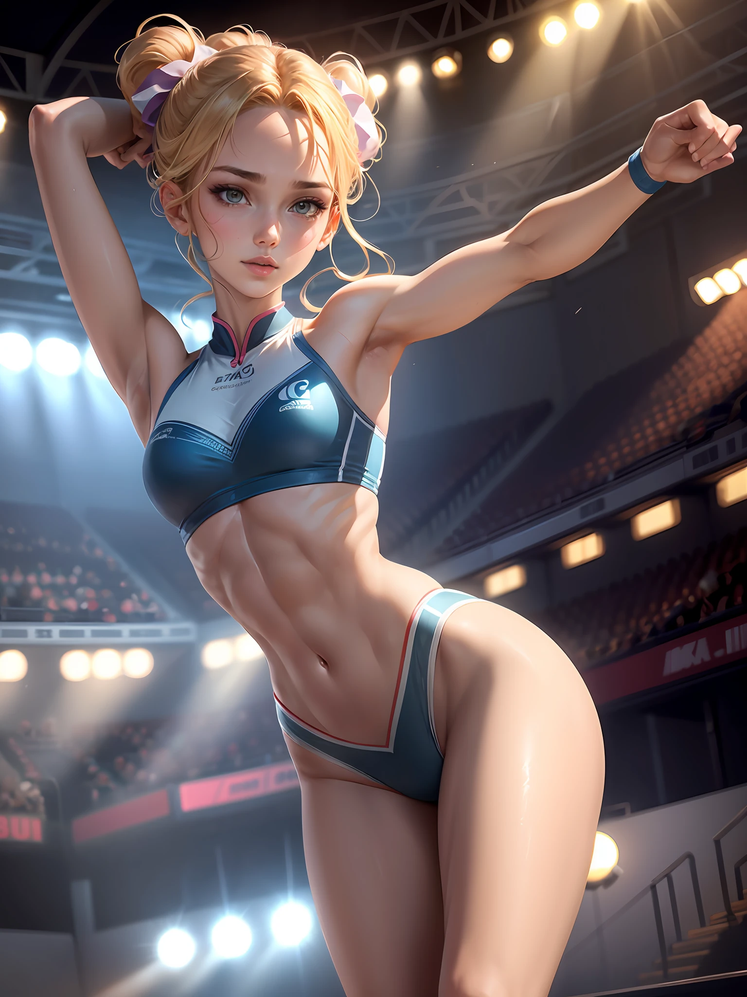 ((medium breasts⁩, Beautiful Girl, small head)), Daylight, Sunlight, (Chiseled abs : 1.1), (Perfect body : 1.1), detailed hairs, nice legs, Wearing a rhythmic gymnastics uniform , (Very detailed CG 8k wallpaper), (extremely delicate and beautiful), (masutepiece), (Best Quality:1.0), (Ultra High Resolution:1.0),  Beautiful lighting ,Perfect Lightning, Realistic Shadows, [hight resolution], Detailed skin, Ultra-detailed,Rhythmic gymnastics venue