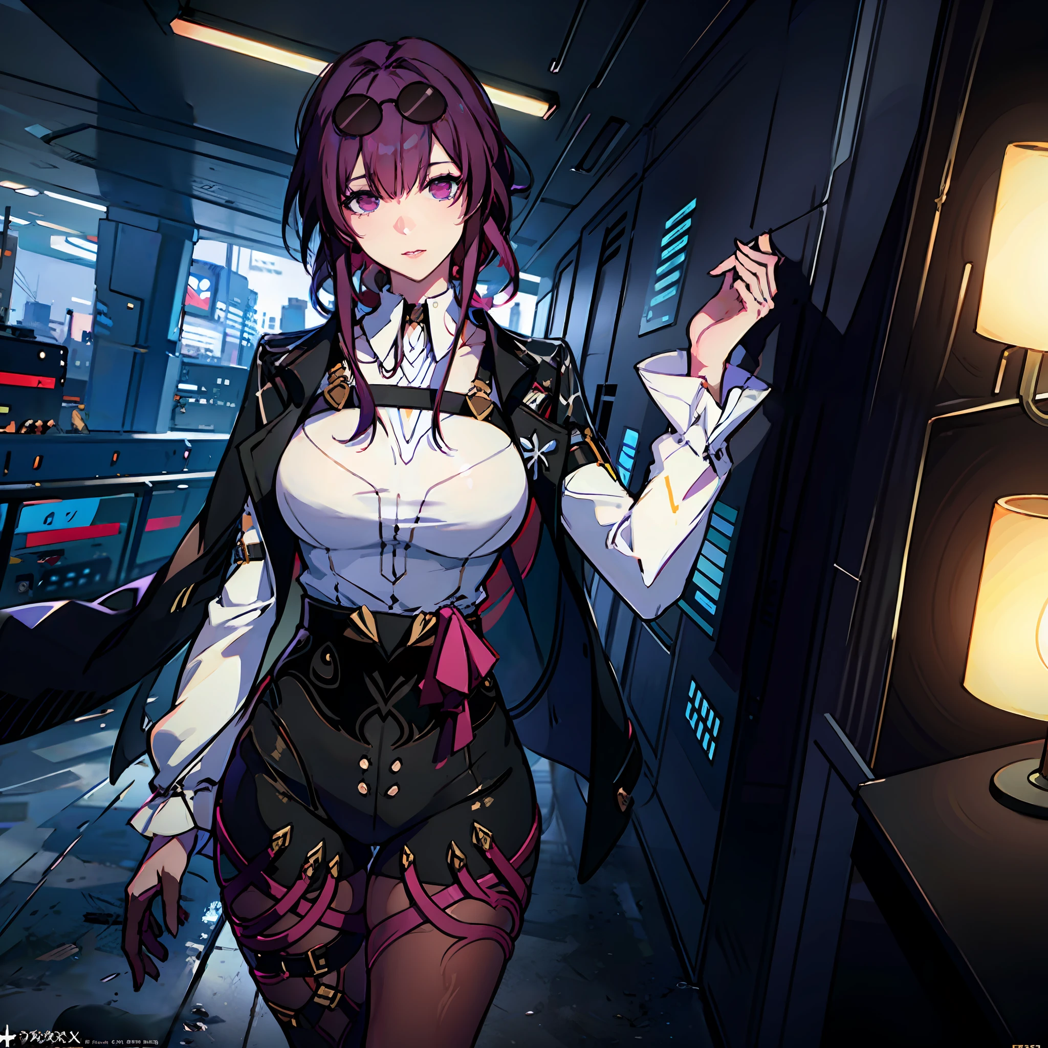 masterpiece, best quality, purple hair, purple eyes, sunglasses, light, realistic, photo, science_fiction, huge_filesize, in the cyberpunk city, steam, masterpiece,best quality,official art,extremely detailed CG unity 8k wallpaper, girl, solo, bishoujo, incredibly_absurdres, small breasts, bust,