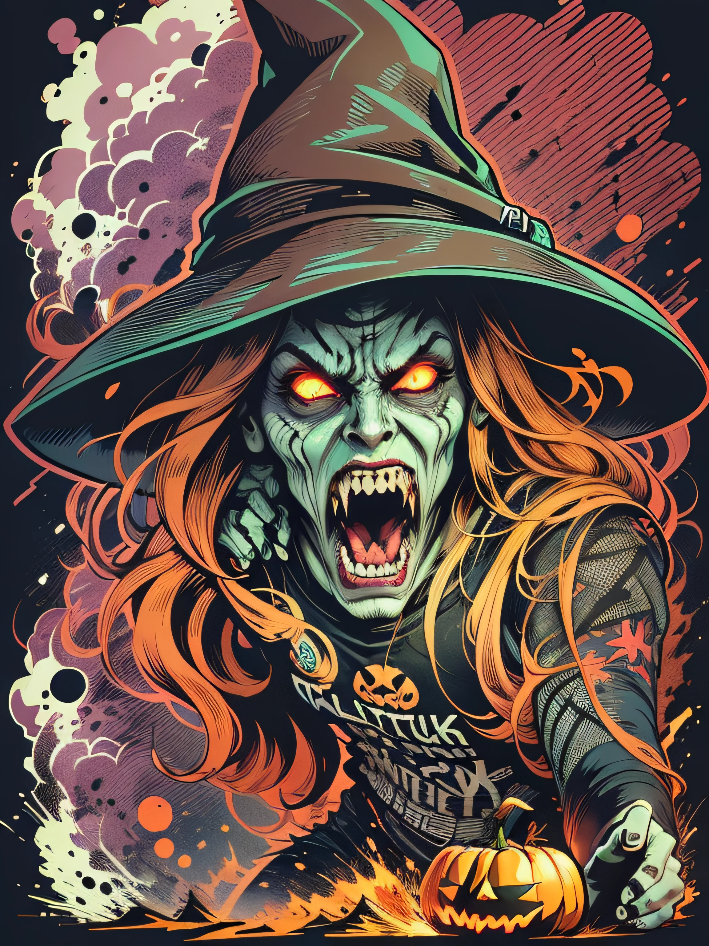 Vector t-shirt, Print-ready colorful graffiti, Illustration of an evil scary witch, Halloween, action shot, Halloween, high detail, whitebackground