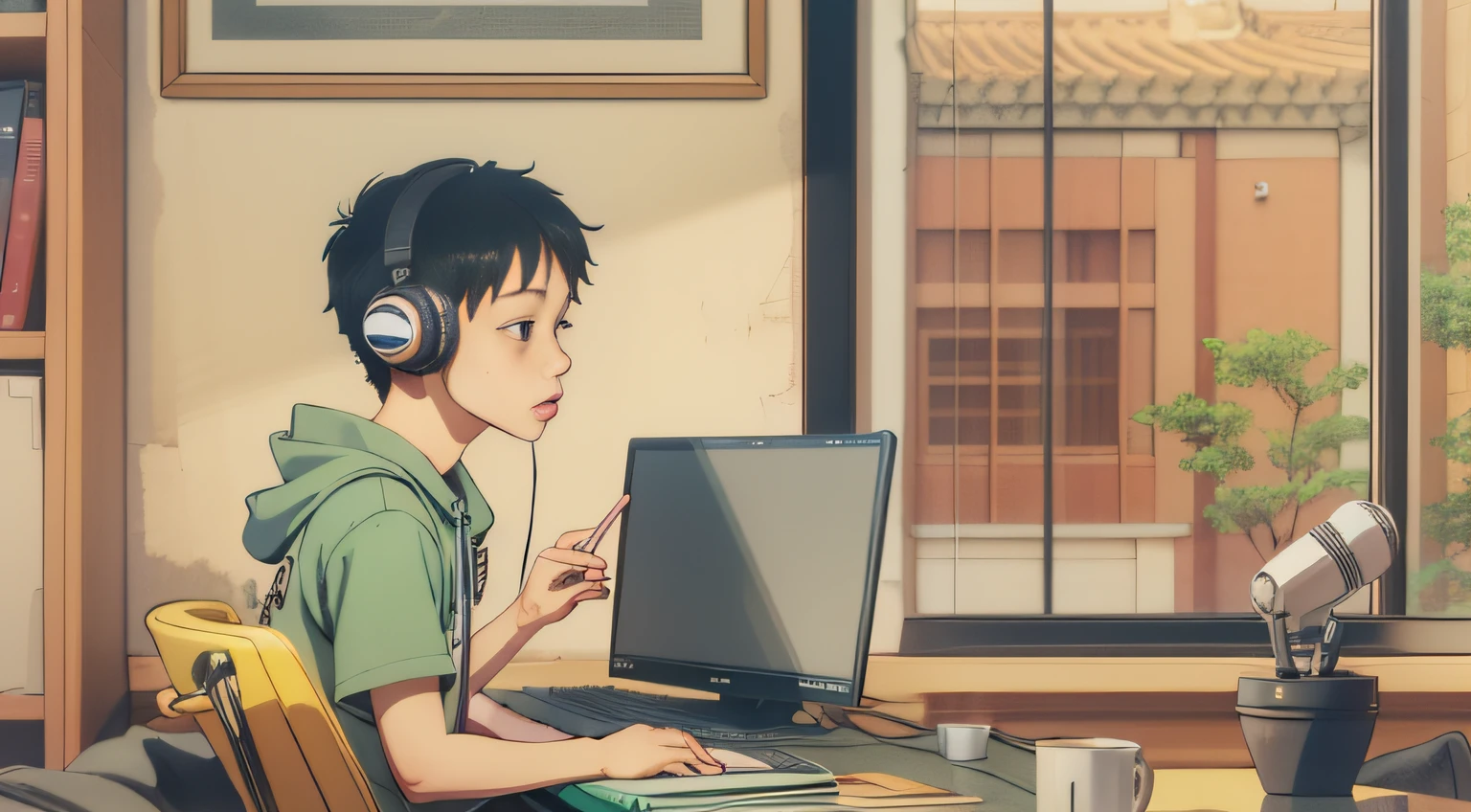 Rental housing, A young man in his early twenties sits in front of a computer, Say to the microphone in front of you。