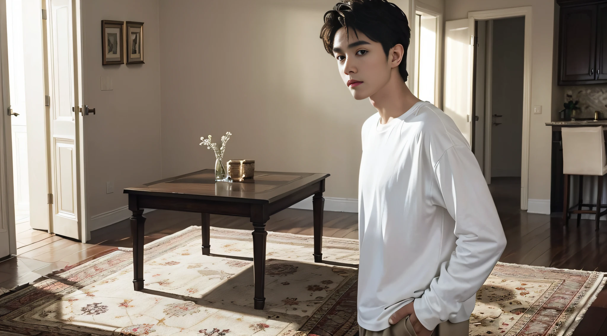 best quality, masterpiece, (photorealistic:1.4), 1boy, solo, short hair, big eyes, white t-shirt ,long sleeves, upper body, dramatic lighting, looking at viewer,(hands behind back:1.2), standing, indoors, living room, tables, carpet, wooden floor, decorations, window, sunshine