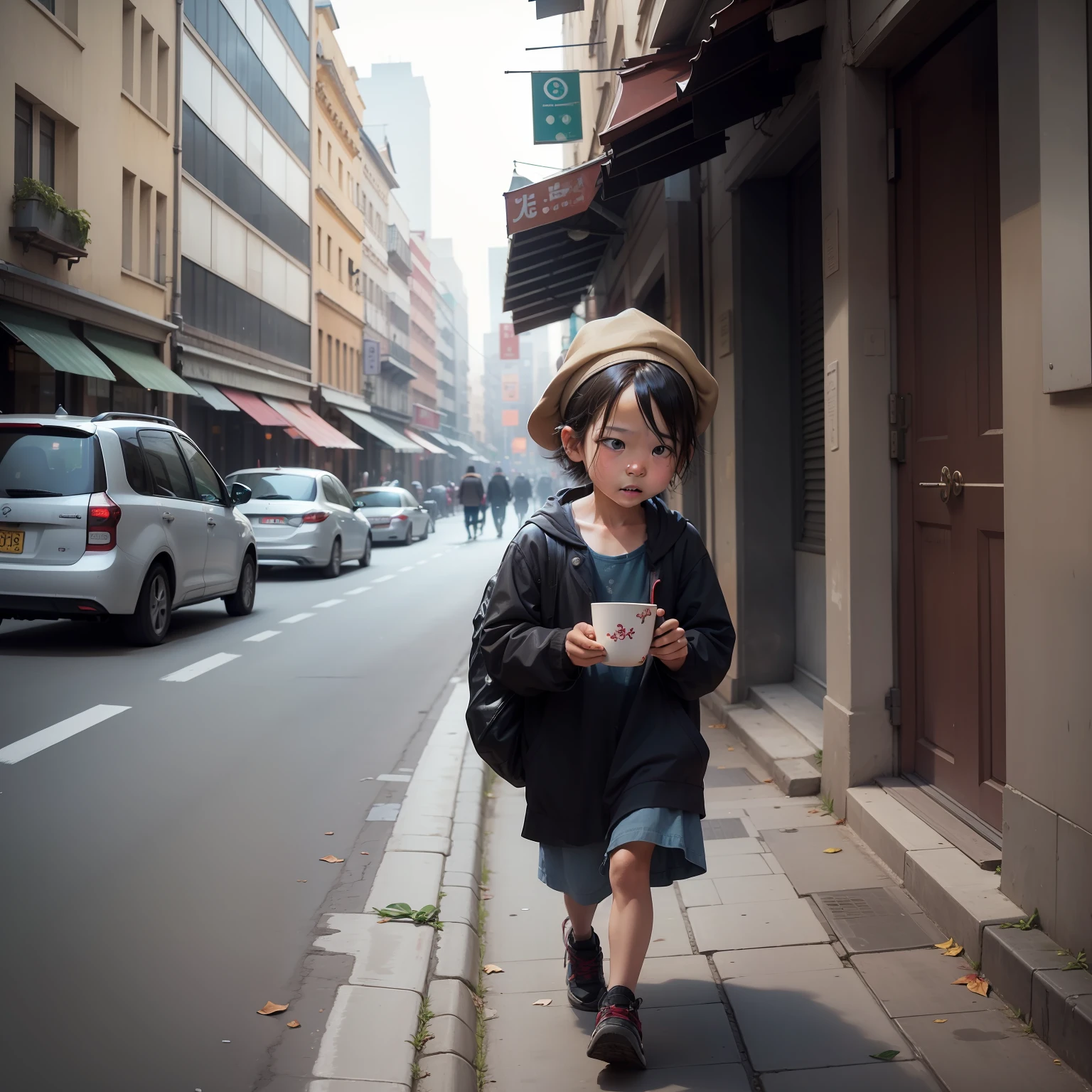 A small beggar,On the street,Very down,Walking,The street is lively