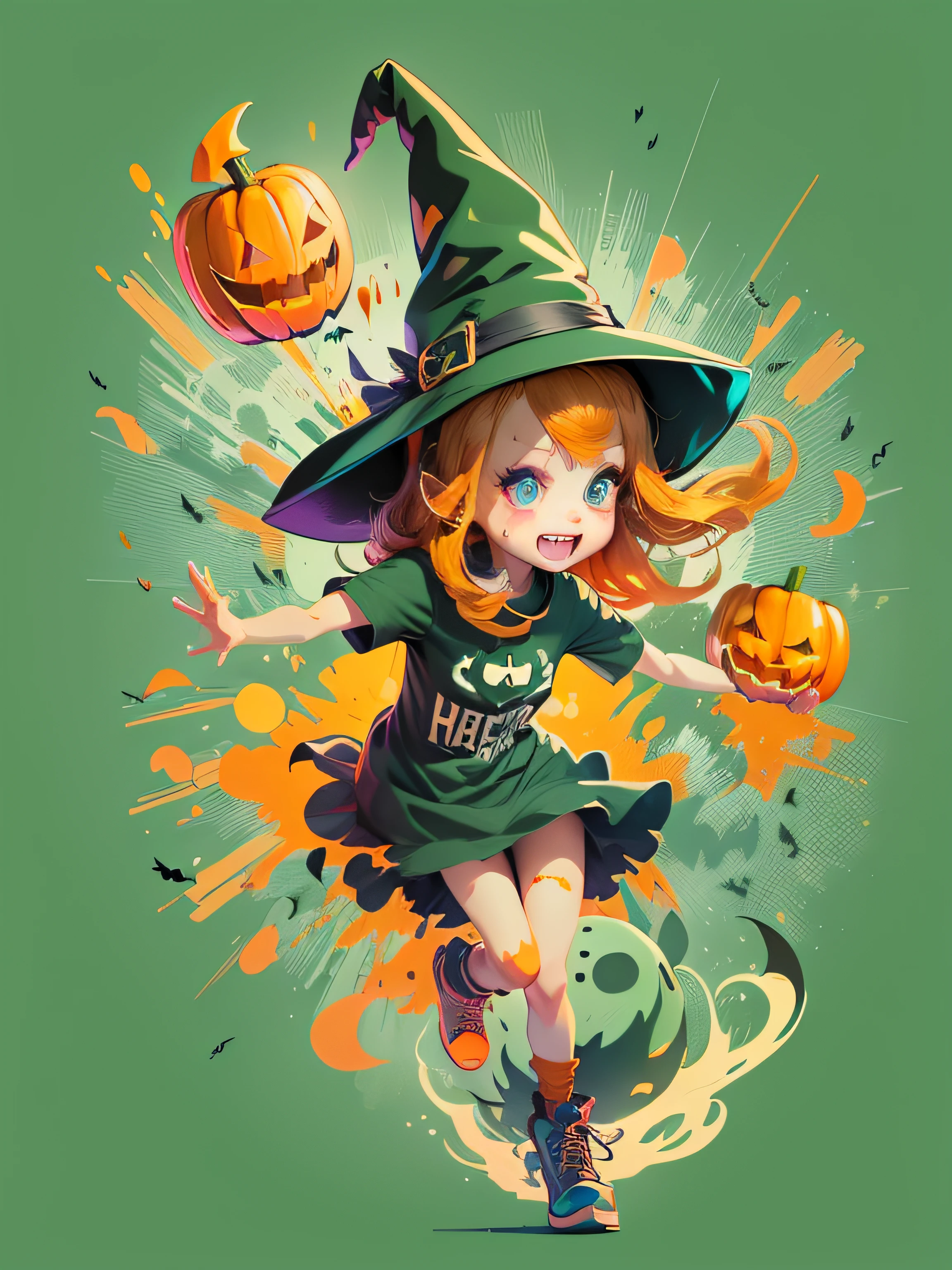 Vector t-shirt, Print-ready colorful graffiti, Illustration of a cute kind Halloween witch, Halloween, action shot, Halloween, high detail, whitebackground