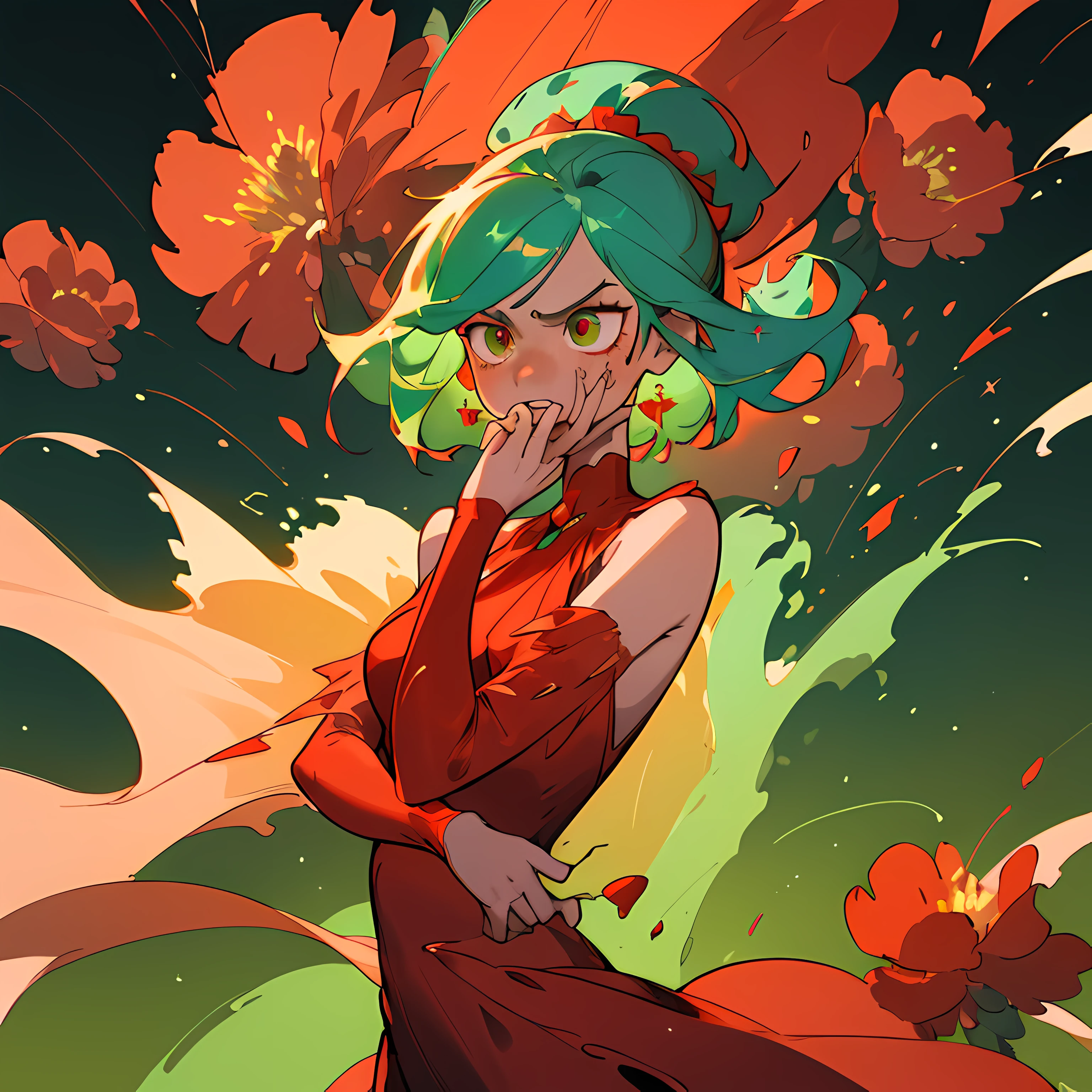 (Best quality, masterpiece) 1girl, desert, glitter, flowing red dress, particles, gentle breeze, blooming red flowers, focused on upper body, green background, green eye, bleu hair, anger