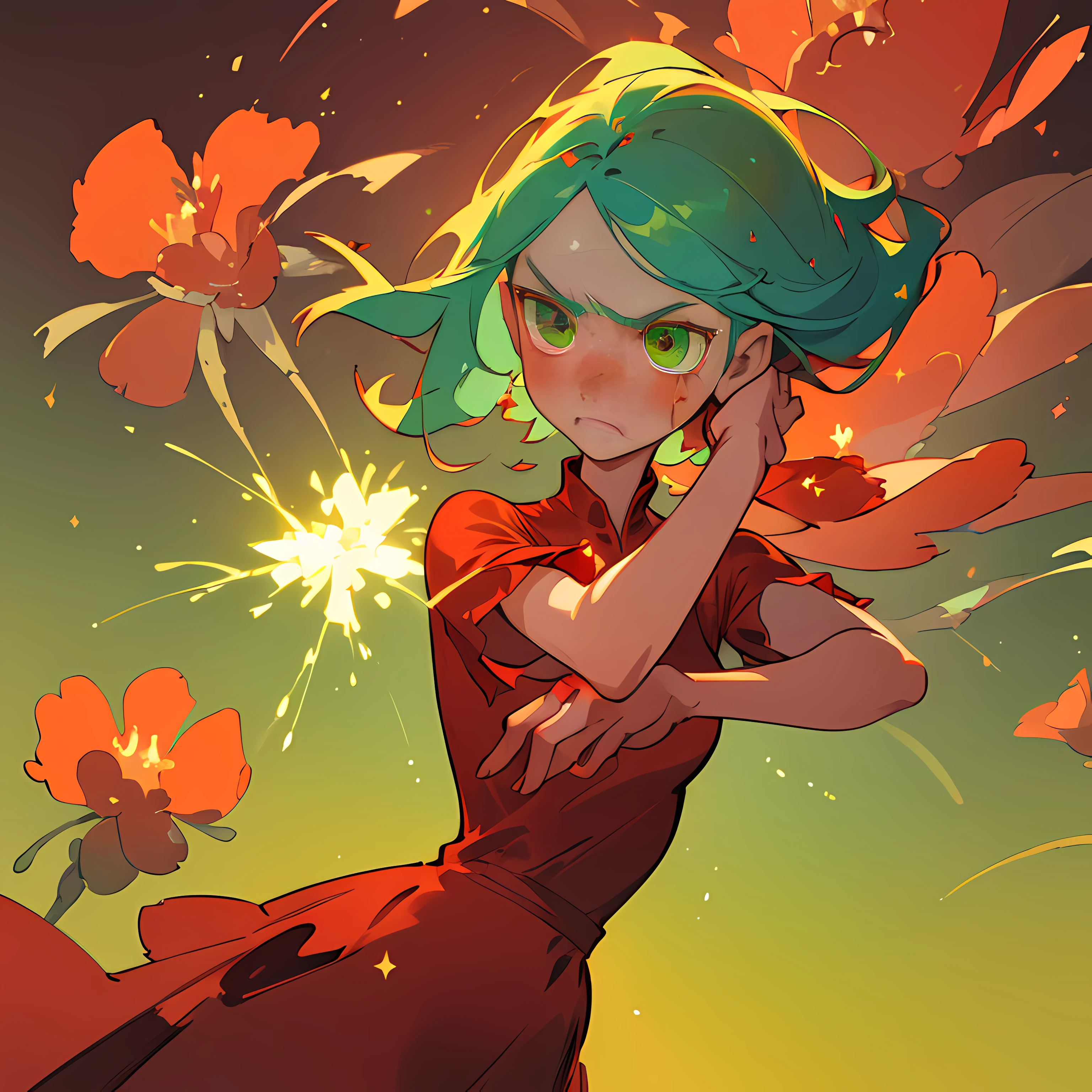 (Best quality, masterpiece) 1girl, desert, glitter, flowing red dress, particles, gentle breeze, blooming red flowers, focused on upper body, green background, green eye, bleu hair, anger