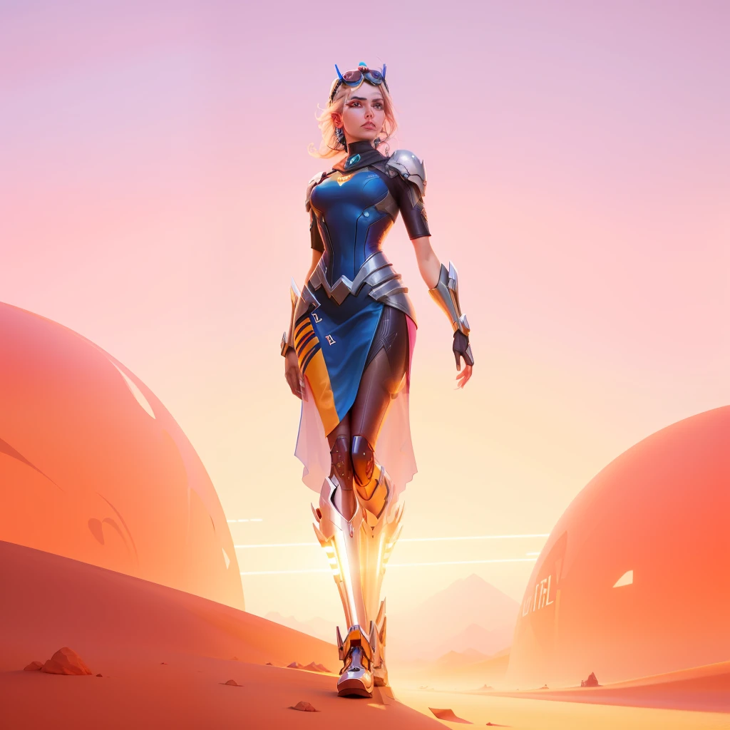 mulher arafed em um vestido futurista andando em um deserto, rossdraws global illumination, Artgerm Julie Bell Beeple, arte conceitual digital suave, rossdraws volumetric lighting, estilo de arte futurista, Beeple e Tim Hildebrandt, sojourn from overwatch, Rhats e Lois van Baarle, bela arte conceitual de corpo inteiro, arte conceitual colorida