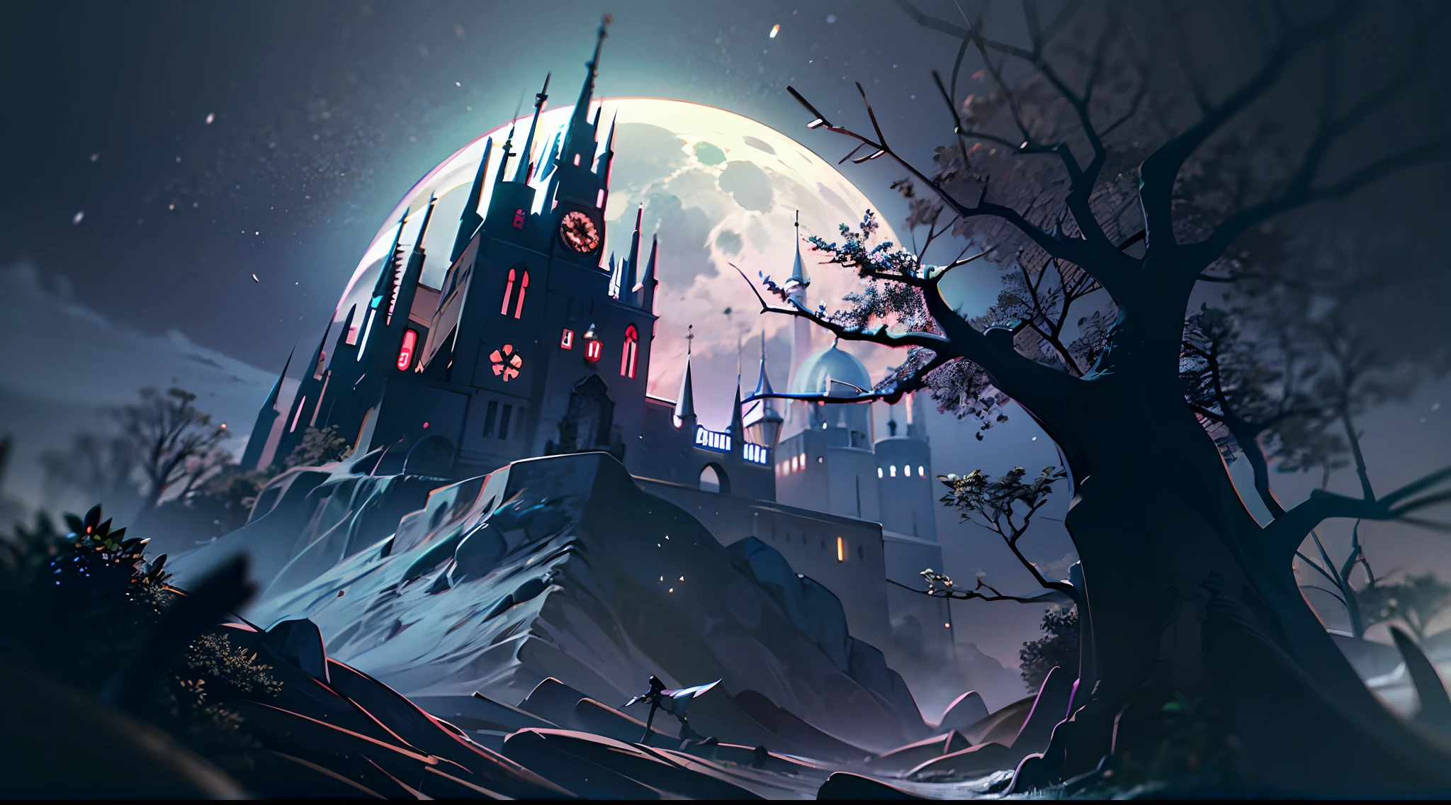 Look up,(Moon Night),(Oversized fantasy skeleton fortress:1.4),((Skeleton Castle)),tree branch,Lots of branches,greenish tinge,green color,fog atmosphere,dark cloude,swirles,Mysterious and dark,blood vess,uncanny,fog atmosphere,dense fog,opaque,streamer,bblurry,Torn clouds,((3 moons in three colors)),Clear and detailed image quality,Engaging shots,Soft lighting,Great details,Transparent starry sky,Unique architecture,Blinking lights,Active character actions,(best qualtiy:1.4),tmasterpiece,super-fine,A detailed,acurate,depth of fields ,absurderes、A high resolution、ultra - detailed,(Unattended:1.3),Break,Create an image using a prism effect,Light refracts and creates colorful、A kaleidoscopic look。 Break , design an image with fisheye lens effect,Capture a wide field of view with a unique curved perspective。 Break,,Dappled sunlight,Tranquil natural beauty。 Break , Depict a monochrome world,Use only black、White and gray shades to convey depth、Emotional and compelling visual impact。