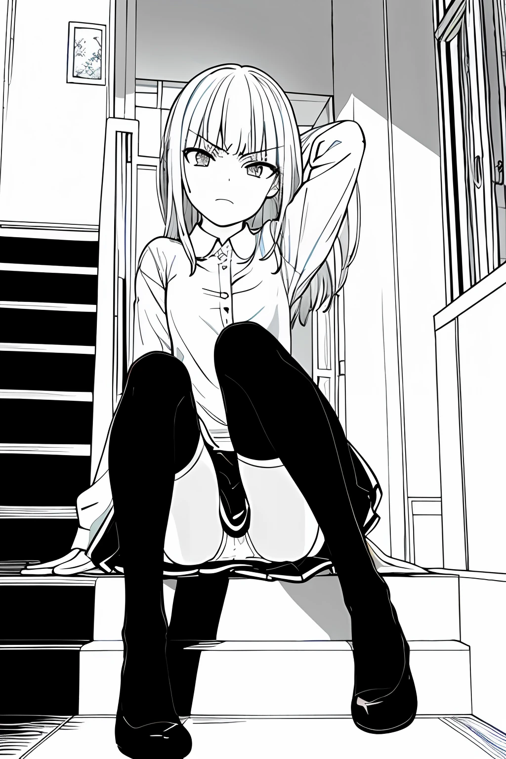 tmasterpiece,Need,1girll,Solo,brunette color hair,mid hair,bluntbangs,Petite,nudegirl ,white stockings,Stockings,Slip dress,white shirt,blackdress,full bodyesbian,schools,Mary jane,natta,Nero,shadowy,inside in room,line-art,Mono Color,White panties、Sit on the stairs、NSFW:1.5、(bends his knees,spread their legs), Arms up, The arms are behind the head, looking at viewert, (Angry:1.1), scowling