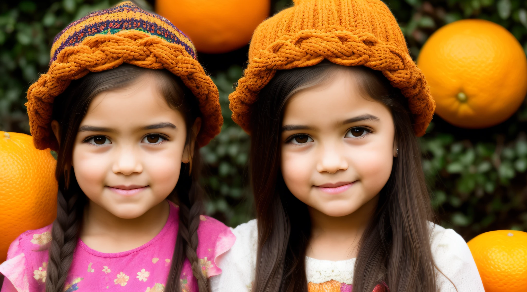 estilo russo, Girl children, portrait , DARK long hair braids with hat, estilo fazendeira, com rolos de feno e trigo e cavalo, celeiros, ORANGES.