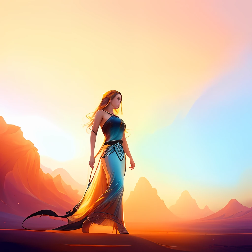 There is a woman in a long dress walking in the desert, bela arte conceitual, arte conceitual emocional, bela arte conceitual de corpo inteiro, Alvorada CGoreatation, epic digital concept art, cgsociety cores saturadas, arte de fantasia digital 2d, bela arte digital, Pintura digital de fantasia, belas fotos avatar, inspirado em Cyril Rolando, rossdraws global illumination, Directed by: Cyril Rolando