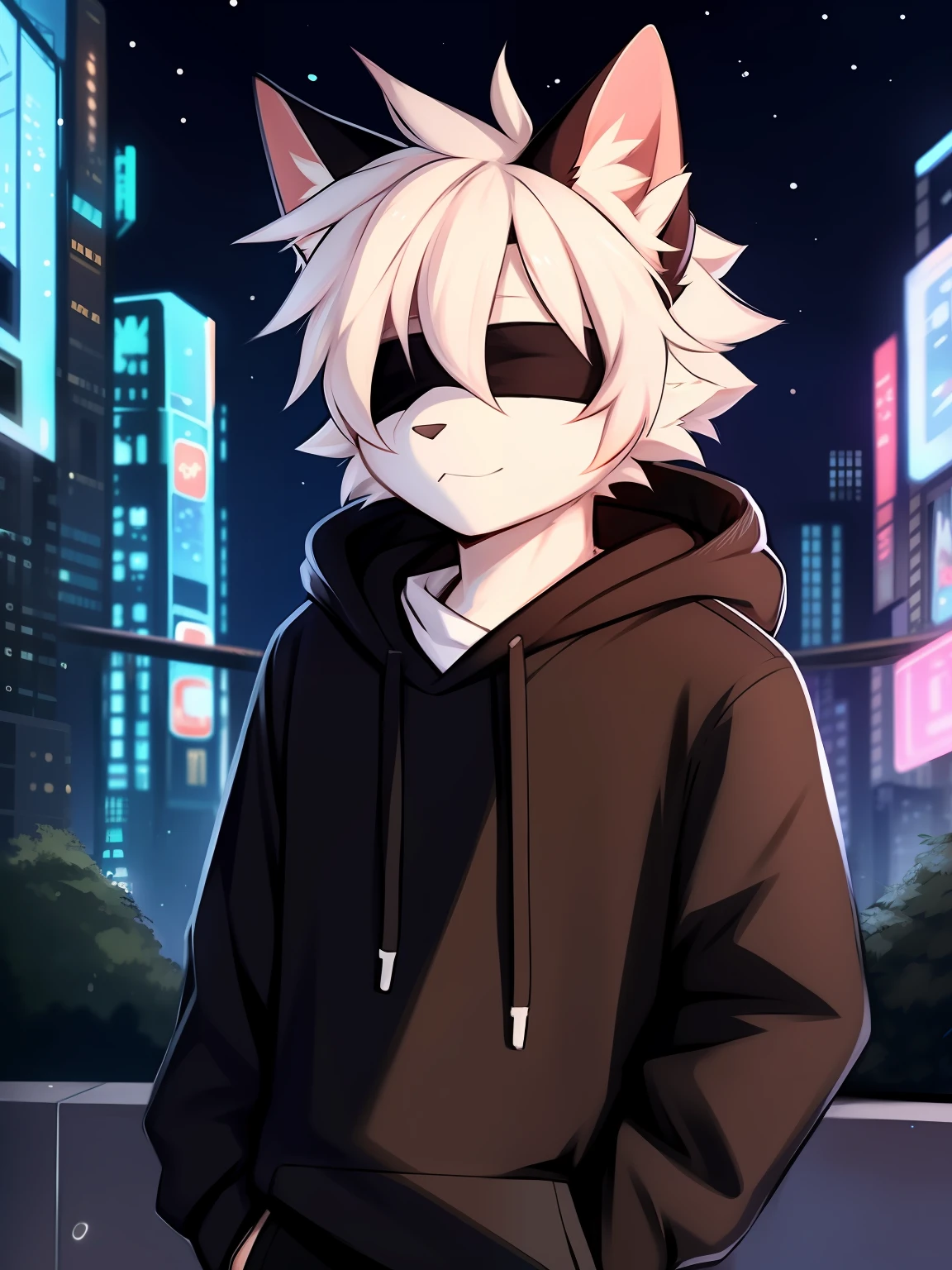 Written by Zackary911, (Coffee soda:1.1), Hioshiru, Zackary911, Cat type , mammal, Humanity, male people, 独奏, garments, furred, 2022, Outfit in black, hoody, Black top, Cover the eyes, black hoodie, Cyberpunk city setting,White scarf