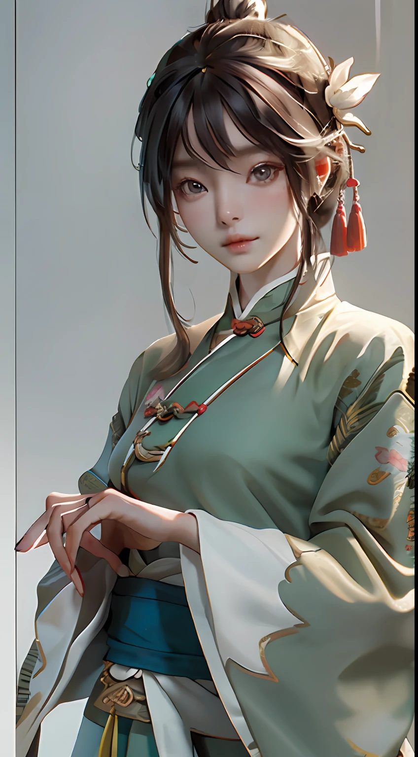 A girl, ancient Chinese costume, sunshine, clear face, clean white background, masterpiece, super detail, epic composition, ultra HD, high quality, extremely detailed, official art, uniform 8k wallpaper, super detail, 32k -- v 6