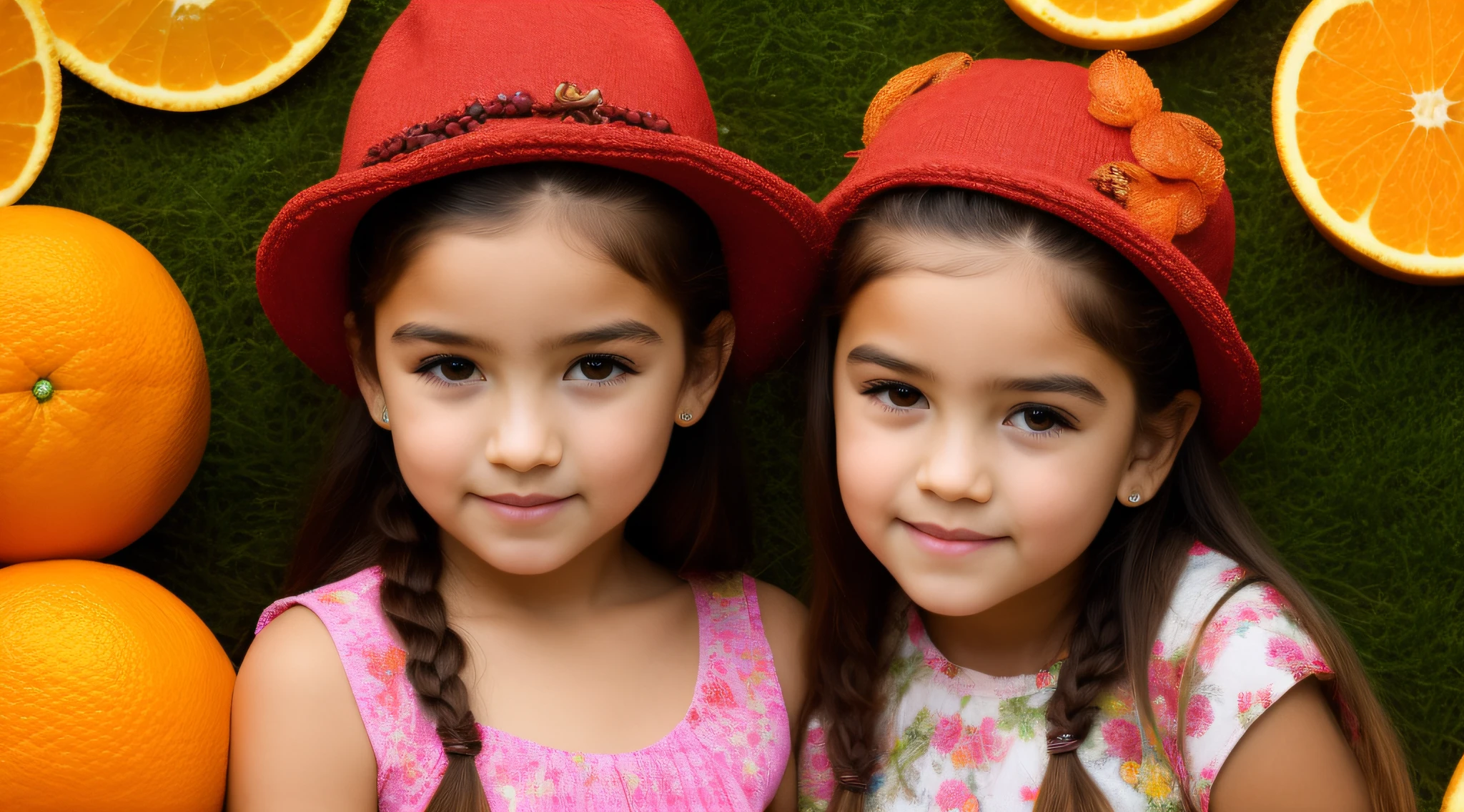 estilo russo, Girl children, portrait , DARK long hair braids with hat, estilo fazendeira, com rolos de feno e trigo e cavalo, celeiros, ORANGES.