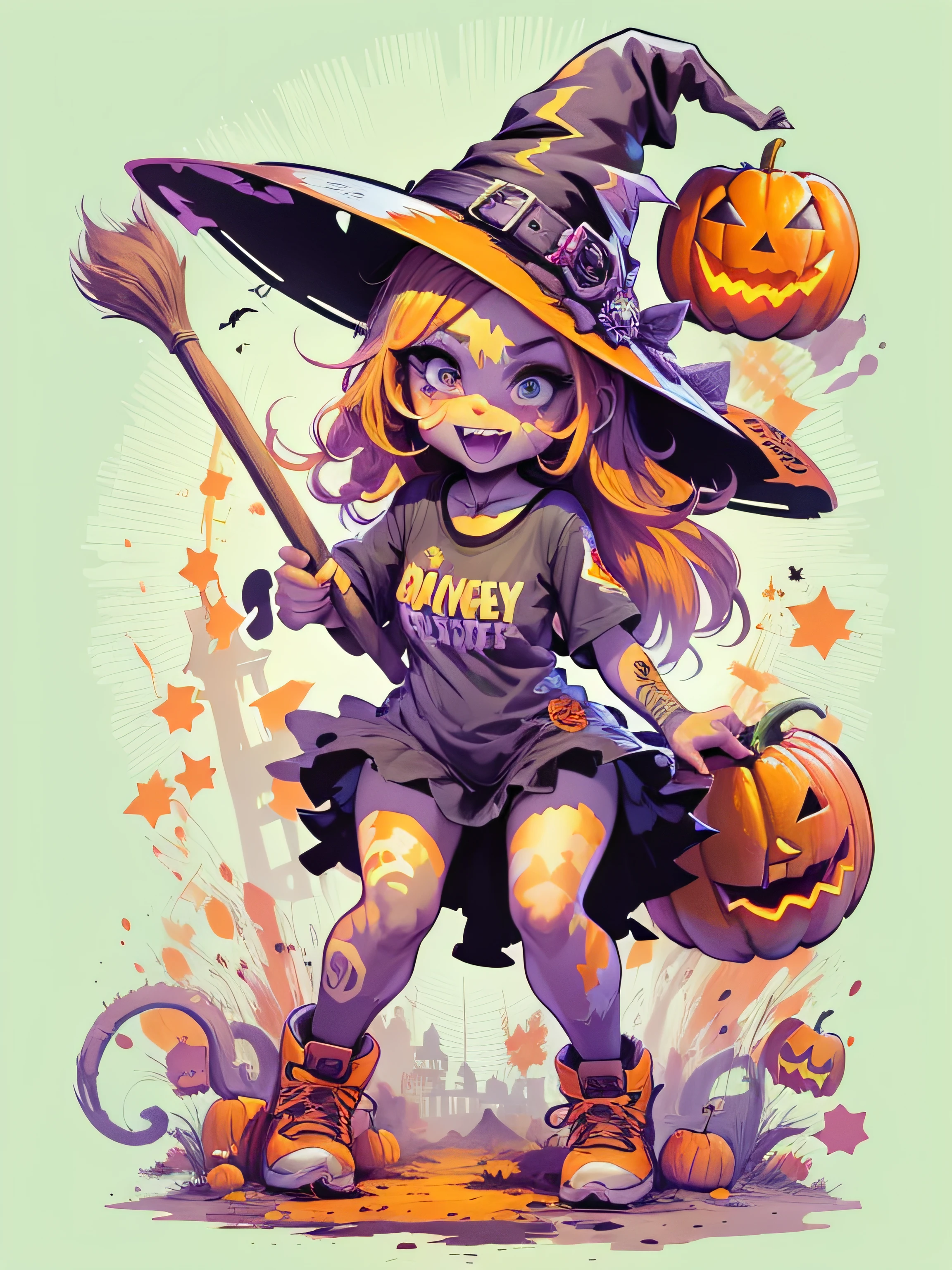 Vector t-shirt, Print-ready colorful graffiti, Illustration of a cute kind Halloween witch, Halloween, action shot, Halloween, high detail, whitebackground