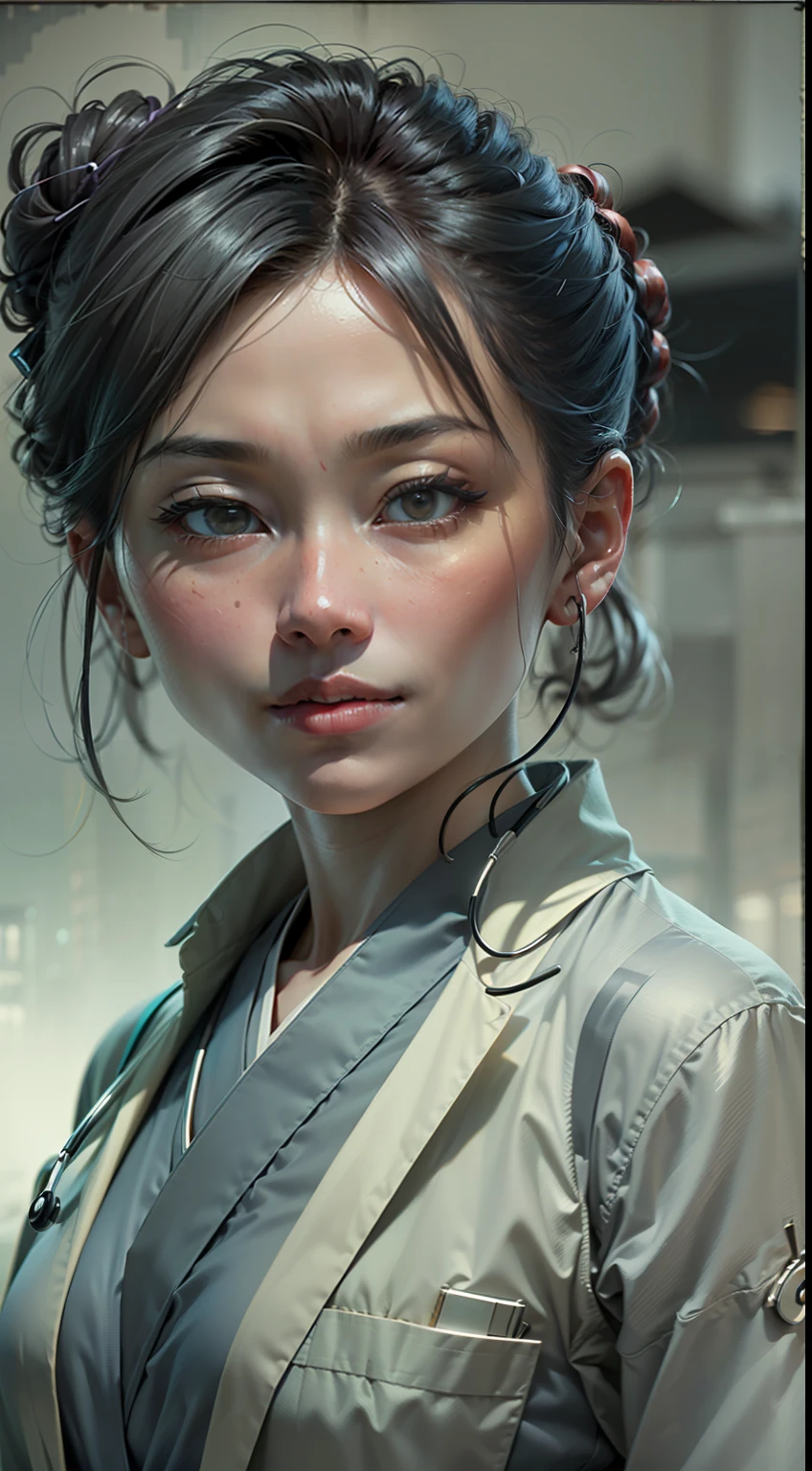 (
(Character: one chinese woman, 40 years old, high bun in the hair, small smile)
(Clothing: medical coat, gray hakama pants and flat shoes, with a stethoscope)
(Pose: upper body shot:1.7, dynamic pose)
(blurry, intense urban lights in background, gray color scheme:1.3)
(Style: ((masterpiece:1.5)), (face detailed), photo-realistic:1.3, hyperrealistic, film grain, realistic lighting)
)