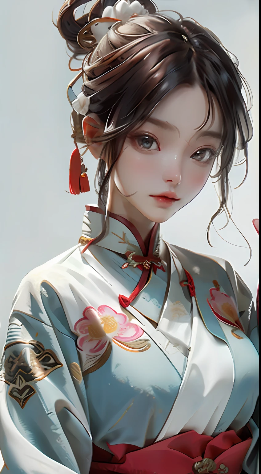 A girl, ancient Chinese costume, sunshine, clear face, clean white background, masterpiece, super detail, epic composition, ultra HD, high quality, extremely detailed, official art, uniform 8k wallpaper, super detail, 32k -- v 6