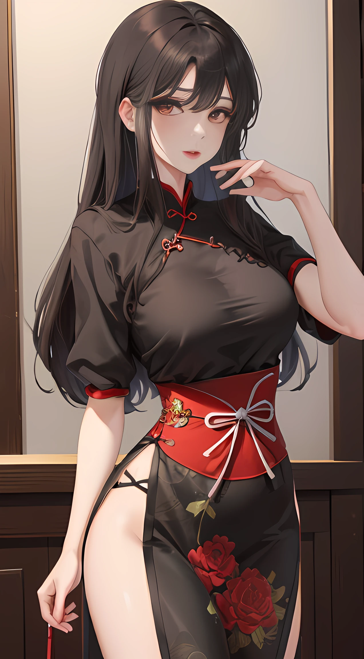 1 girl, Long hair, Black hair, Cheongsam, Big breasts, Thin waist,（big breasts thin waist），Hands on the waist，low head， Red lips, Directly to the camera, rustic, Game CG，Best quality ，8K