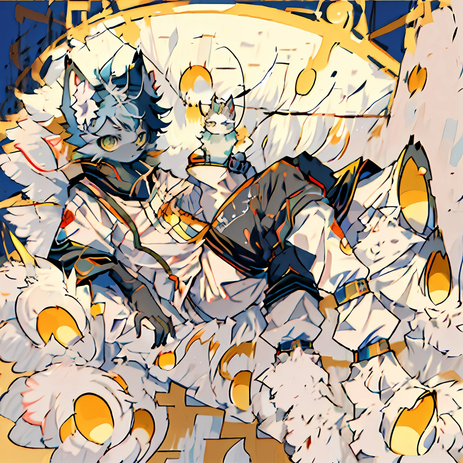 Anime character in bed with a cat on blue background, Detailed fanart, Digital art on Pisif , at pixiv, Pisif style, zerochan art, Highest rated on Pisif, very very beautiful furry art, Pisif Contest Champion, Pisif, From Arknights, anime abstract art, highly detailed exquisite fanart