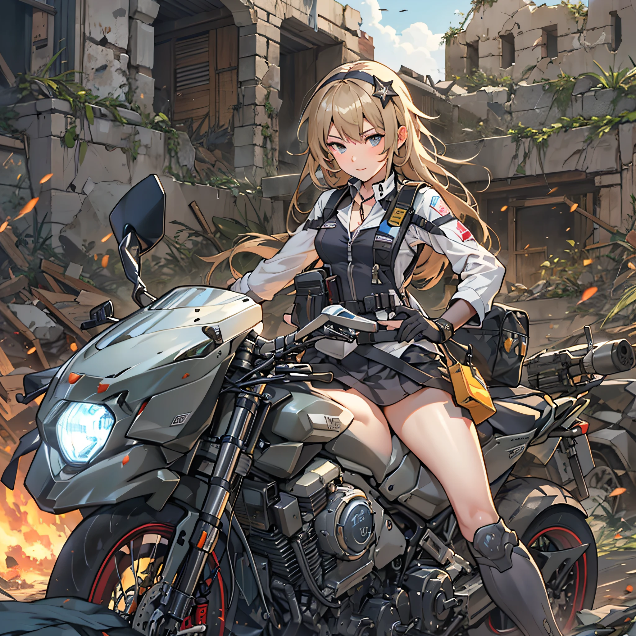 Anime girl riding a motorcycle in the ruins, girls frontline style, from girls frontline, Fine details. girls' frontline, girls' frontline, girls frontline cg, infantry girl, Women's Last Tour, soldier girl, M4 Sopmod II Girls Frontline, anime maid ss military, girls frontline universe, Mechanized soldier girl, Majora、lieutenant colonel、Girls Moon、Start of battle！