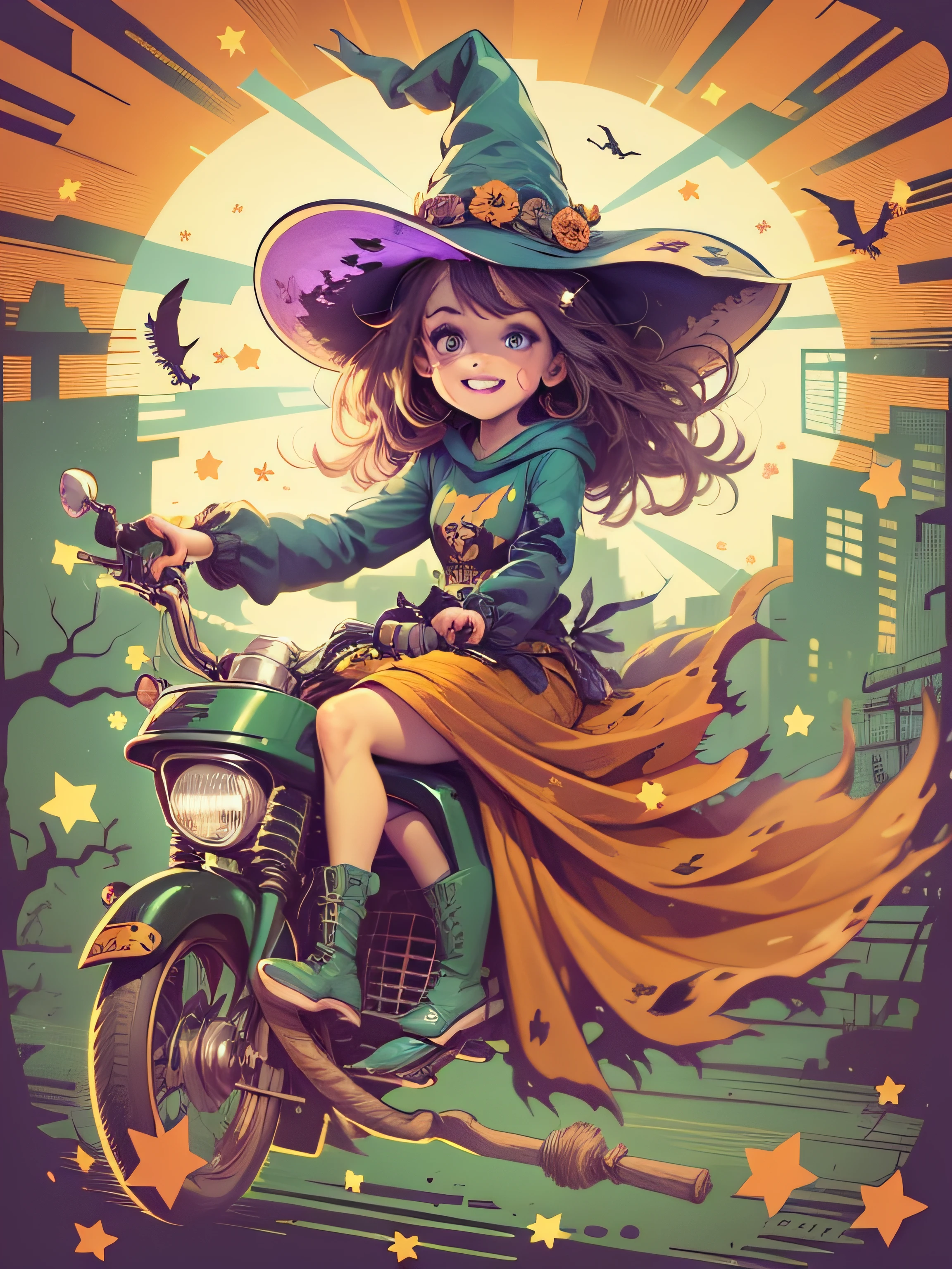 Vector t-shirt, Print-ready colorful graffiti, Illustration of cute good witch riding a broomstick for Halloween, Halloween, action shot, Halloween, high detail, whitebackground