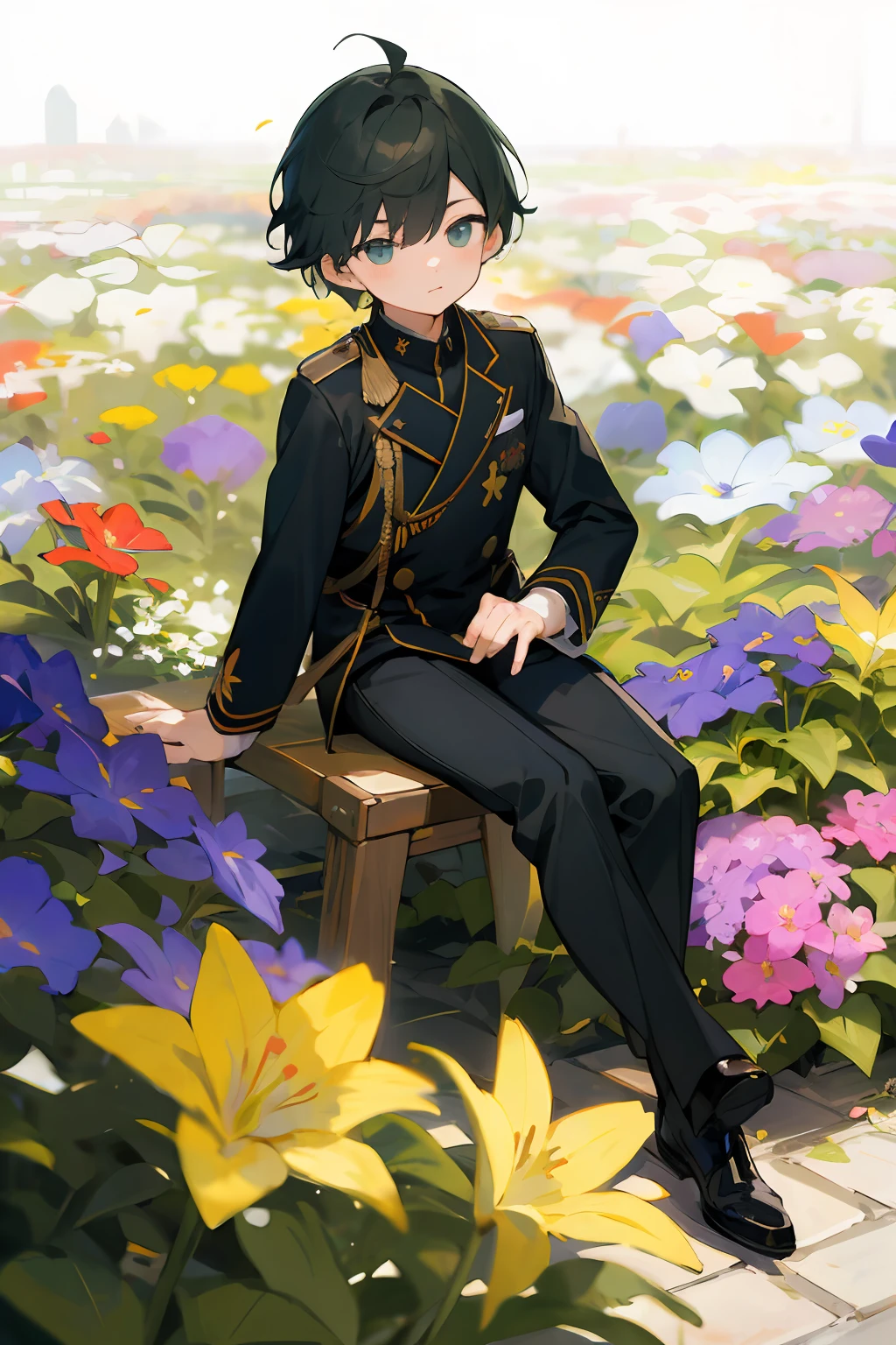 Male child、Black military uniform、Higan flowers blooming profusely、flower garden、top-quality、Sit up