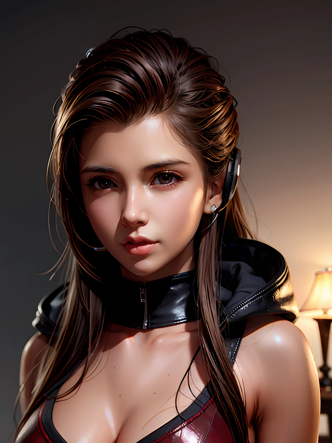 long straight dark brown haired gamer girl leaning into the camera, solo:1.2, alone, three-quarter headshot:1.2, lean body, fit body, photo from front above, dark red hoodie:1.2, straight hair, large leather gamer headphones:1.2, skintight black top:1.2, looking at viewer, realistic, 4k, cinematic lighting, perfect, soft lights, intricate details:1.2, high resolution skin:1.2, realistic skin texture, realistic face, perfect anatomy, lean girl, fit girl, sfw:1.2, jumper:1.2, hoodie:1.2, headphones:1.2