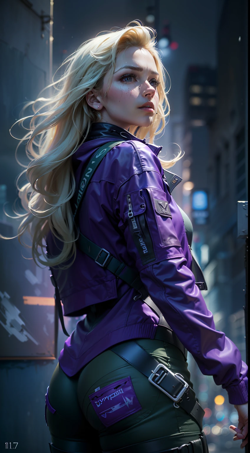 (
(Character: one escapist woman, russian traits, long wave hair, blonde hair, lean body, tall)
(Clothing: purple jacket, futuristic jumpsuit, backpack, leg holster, knee pads, boots)
(Pose: upper body shot:1.7, dynamic pose)
(blurry, intense urban lights in background, purple color scheme:1.3)
(Style: ((masterpiece:1.5)), (face detailed), photo-realistic:1.3, hyperrealistic, film grain, realistic lighting)
)