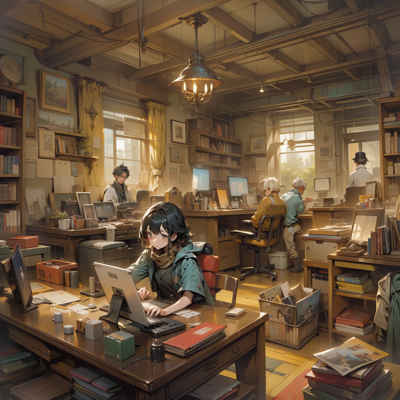 ((master piece,best best quality))Inside the old government office, ((4 members on the path to digitalization)). The style is in the vein of Studio Ghibli, With detailed characters and backgrounds, And rich colors. Lighting radiates from the center of the room, 1 girl,1boy,1 lady,1man,Highlight member activity. The colors are balanced between warm and cold tones, Representing the history of the old office and the new digitalization efforts. The composition spreads radially from the center, Capture the overall view of the room and the activities of each member.