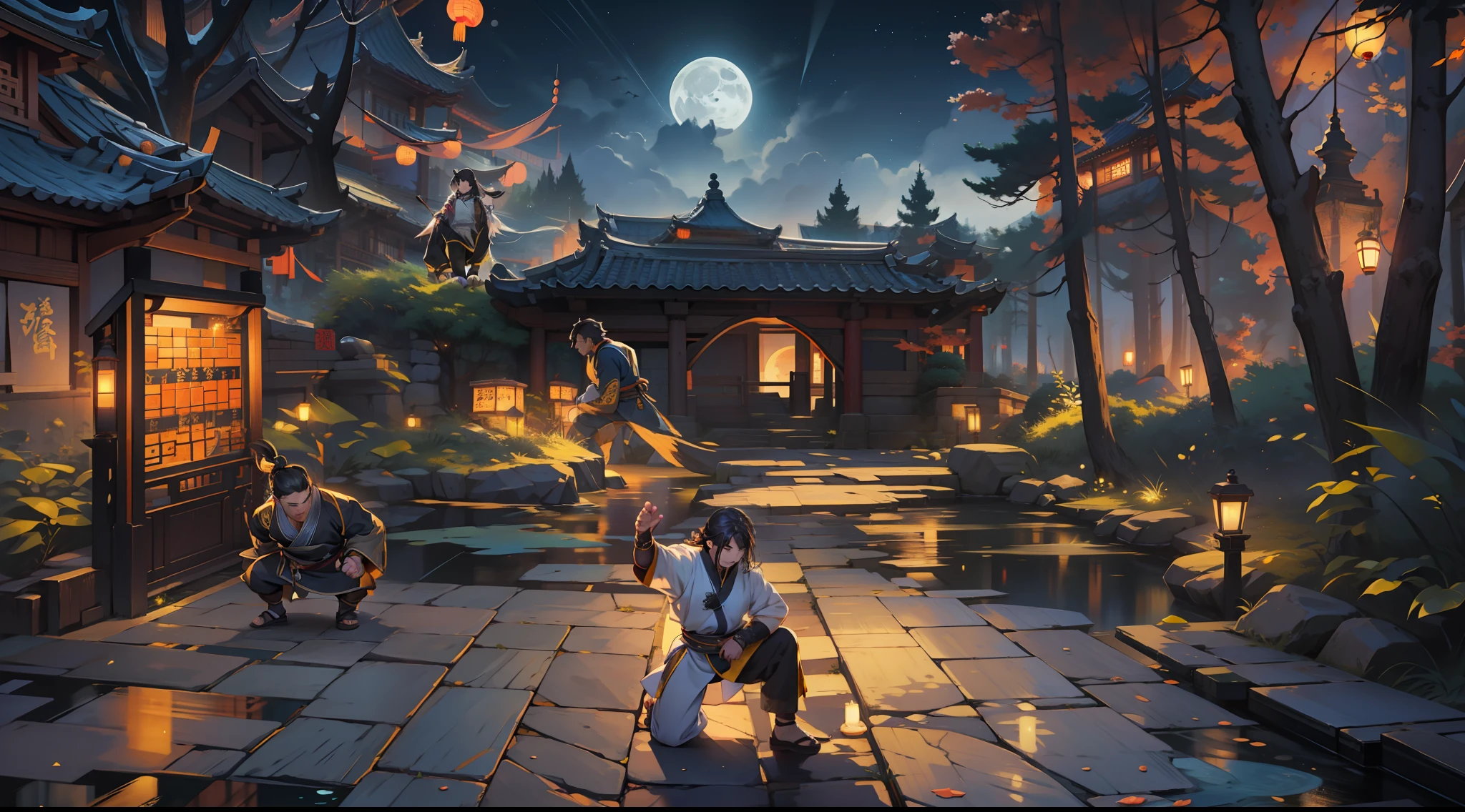 Manhwa Style,Two-dimensional painting style,People who practice martial arts,natta,Dwarf trees,Bright moonlight,Warm yellow light,Ancient Chinese background,the night,themoon, Bluestone path,light particules,glowworm,the night:1.5,themoon,As estrelas,tmasterpiece, super detailing, Epic composition, hyper HD, high qulity, extremely detaile, offcial art, 统一 8k 壁纸, super detailing