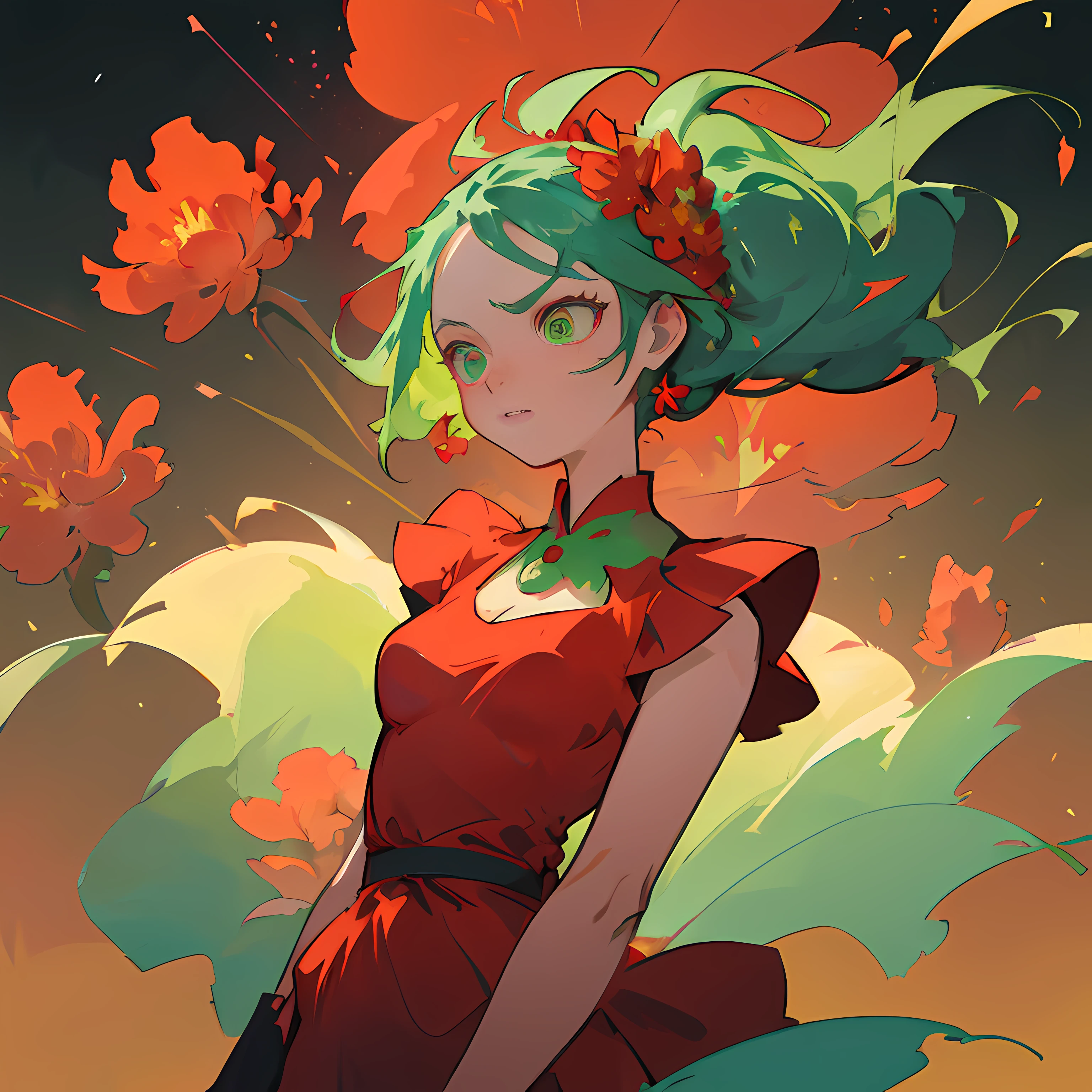 anime - style illustration of a woman with green hair and a red dress, artgerm and atey ghailan, inspired by Lois van Baarle, stylized anime, red and green tones, loli, loish art style, green and red tones, anime style illustration, rossdraws cartoon vibrant, lois van baarle and rossdraws