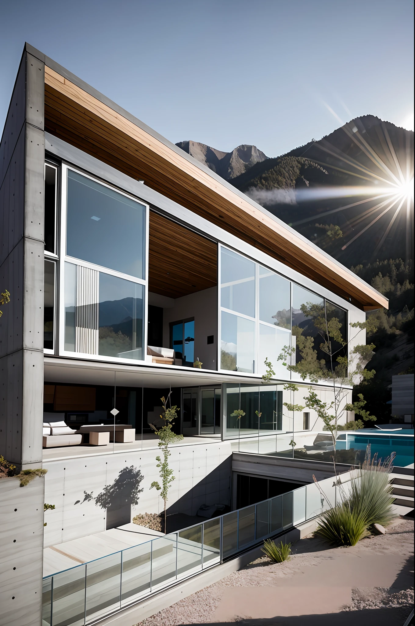 concrete wall, prefabricated houses, large sliding glass door ,with eaves, gravel yard, RAW photo, nature, epic futuristic, fade, warm, glow at sunset ,sunset lighting,  raw, hdr, (mountains:1.3), standing in the forest, natural skin, 8k uhd, high quality, film grain, Fujifilm XT3, cinematic, slate grey, dramatic light, architecture, shadow in front, 5pm,