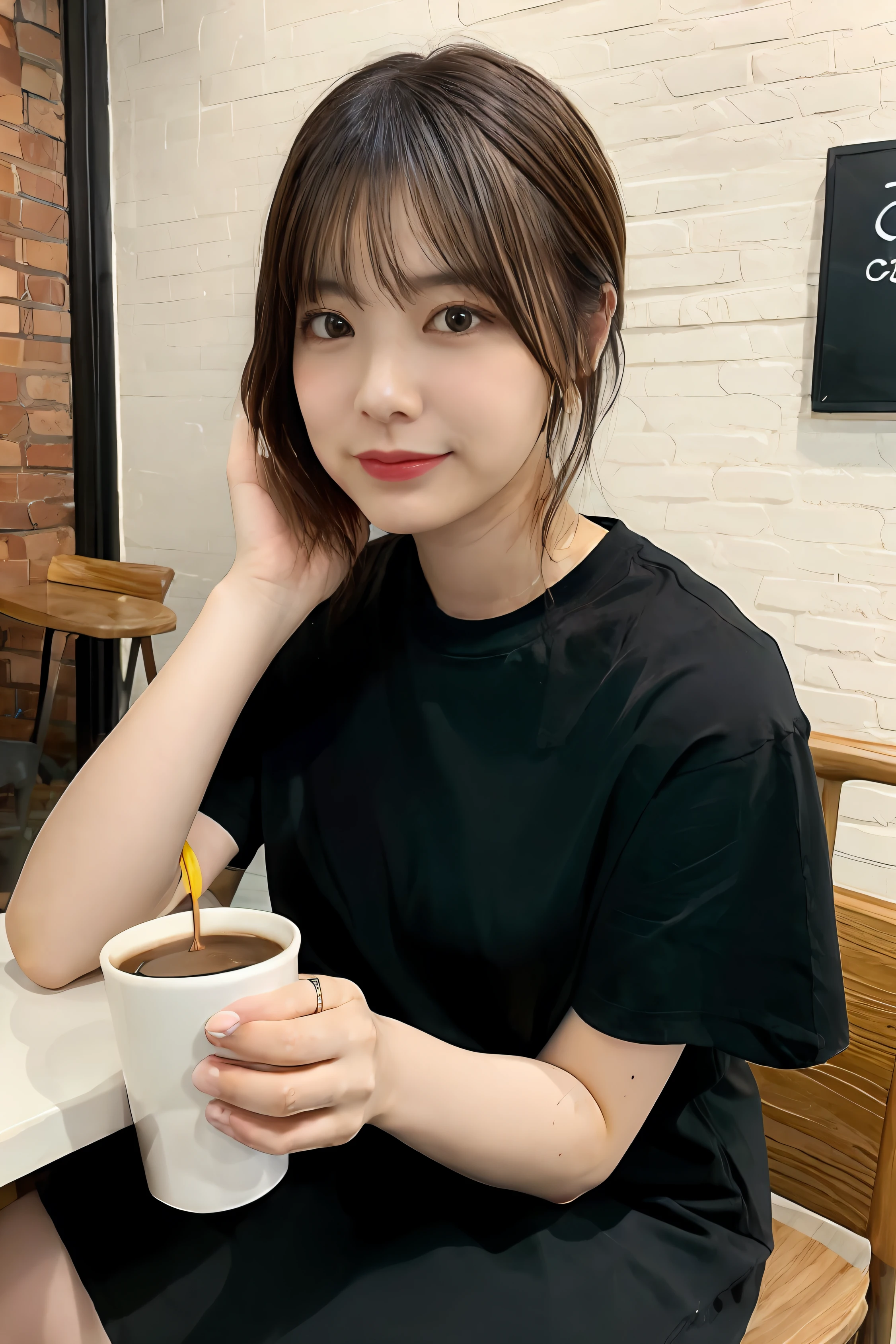 Gemma、cafes、drinking a cup of coffee、Black T-shirt、Sitting