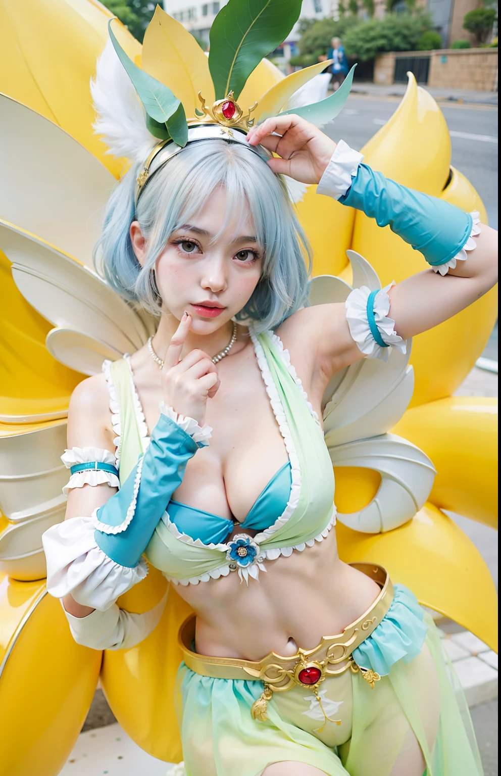 araffe cosplaying in a costume with a flower on her head, anime cosplay, anime girl cosplay, cosplay, cosplayer, cosplay photo, professional cosplay, full-cosplay, glamourous cosplay, elegant glamourous cosplay, aqua from konosuba, publicity cosplay, anime goddess, cosplayer dressed like a crab, knights of zodiac girl, white haired deity